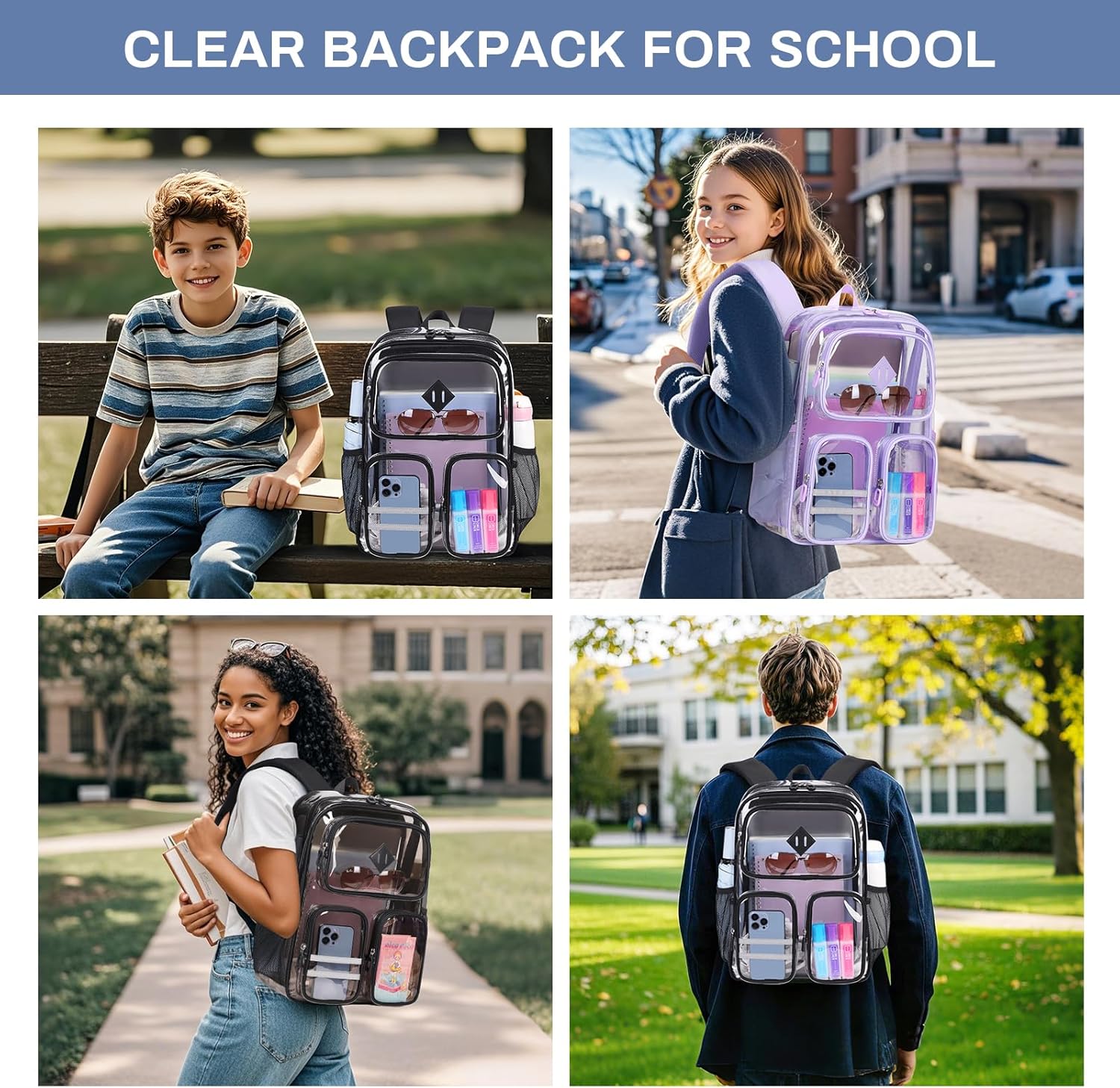 Clear Backpacks for School Heavy Duty Clear Bookbag Stadium Events Transparent Back Pack Girls Boys, Black Semitransparent - Image 2