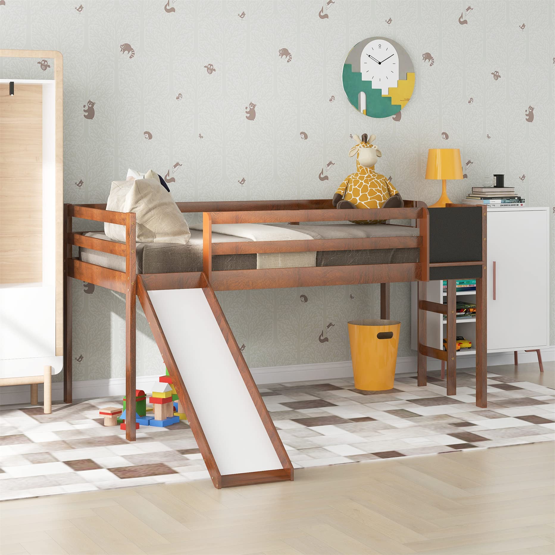 Buy Twin Loft Bed with Slide for Kids Wood Low Loft Bed with Chalkboard