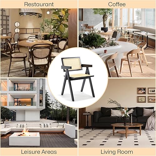 Miniatura 7 de KCC Juego de 2 sillas de comedor de ratán, cómodos y modernos sillones de cocina de caña bohemia de madera maciza con respaldo y asiento de ratán de