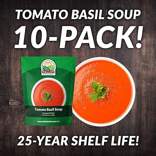 Miniatura 2 de Cubo de 10 bolsas de sopa de tomate y albahaca, 50 porciones  Suministro de alimentos de emergencia premium de 25 años de vida útil  Kits de comidas