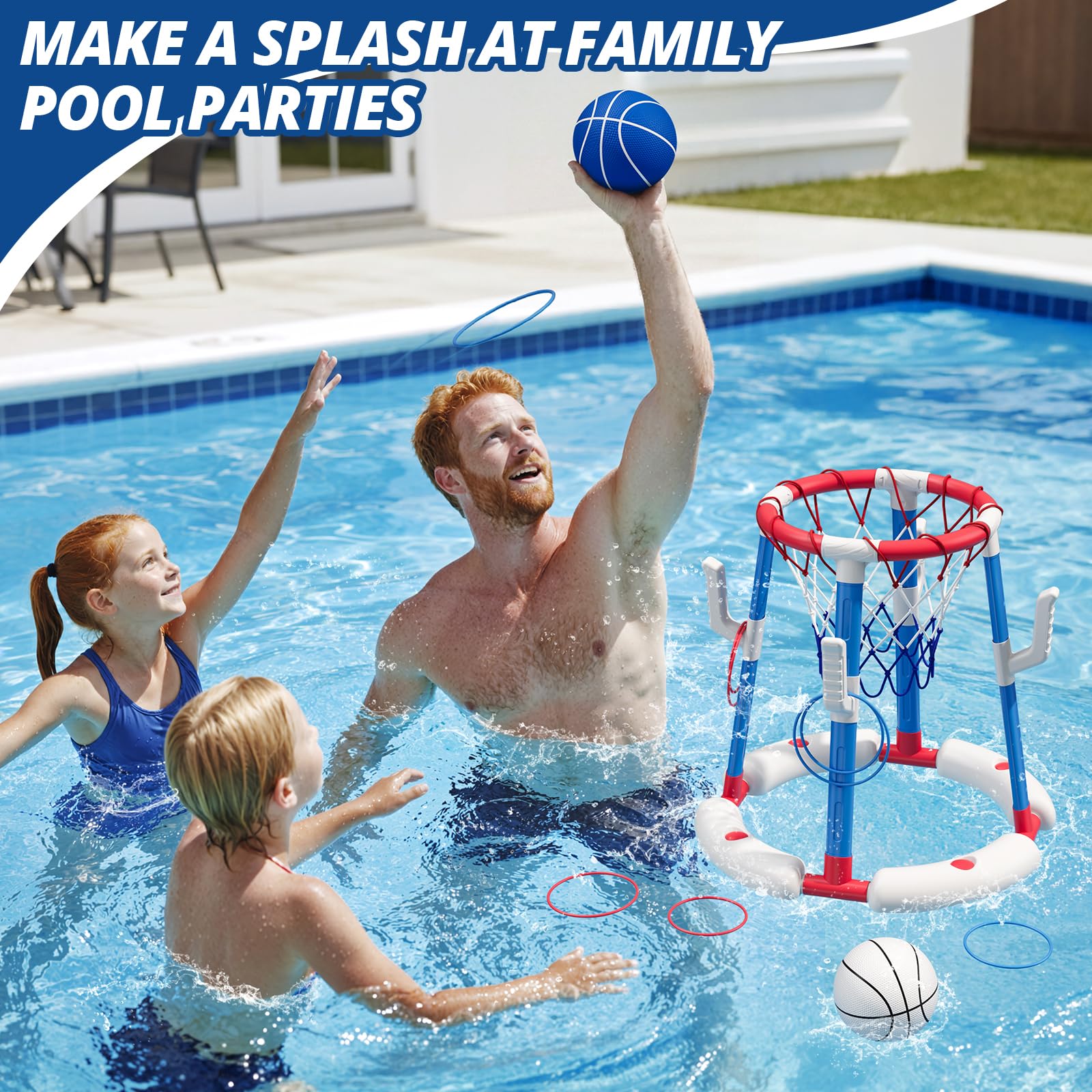 HYES Canasta de Baloncesto Piscina, Flotante Canasta Juguetes para Niños, Piscina de Baloncesto con 4 Bolas 8 Anillo, Juegos de Agua Interior y Exterior para Niños Adultos, Rojo