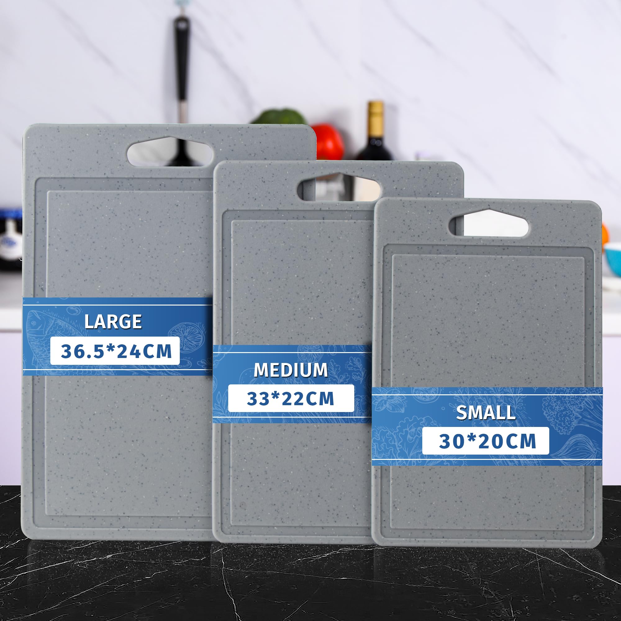 DIFULI Schneidebrett Set 3-teilig Granitoptik, 100% Rutschfeste Aufkleber und Saftkanal, BPA-Free, mit Griff Schneidebretter Kunststoff Antibakteriell, Spülmaschinenfestes, Küchenzubehör（Grau）