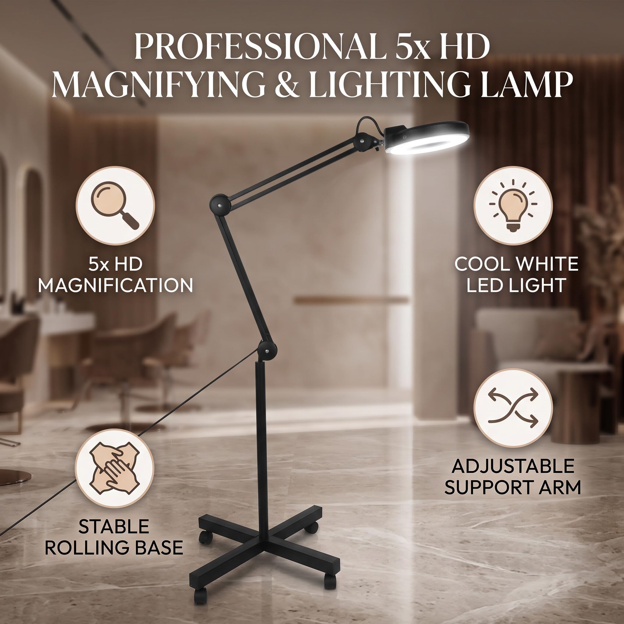 Lampe Loupe sur Pied, 5 X Lampe Loupe Esthétique LED 2 en 1Lampe de Travail loupe 5 dioptries lampadaire LED 220-240V Noir pour Travail de Près Couture Artisanat Loisirs