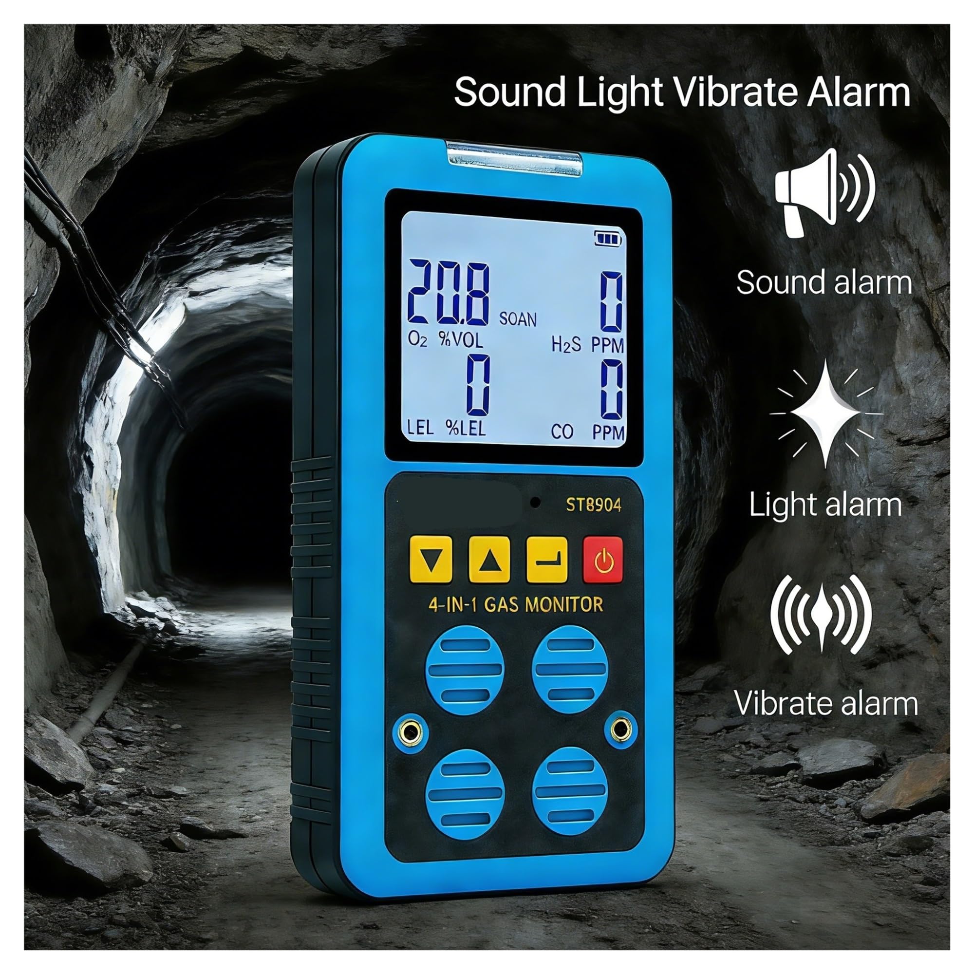 ST8904 Gasmonitor, industrielles Sicherheitsgerät zur Erkennung mehrerer Gase, CO/H2S/O2/UEG-Gasdetektor mit Alarmleuchte