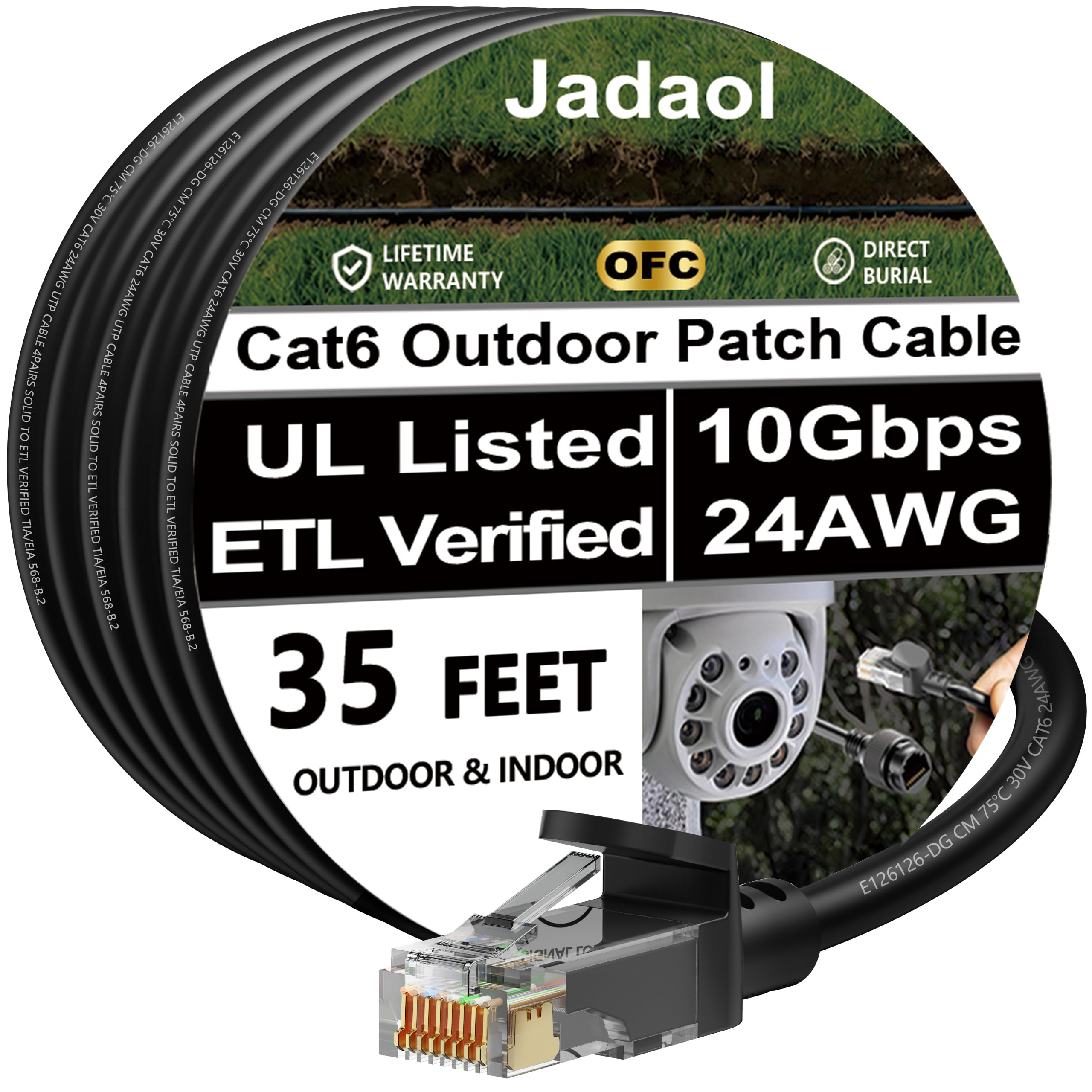 Cat 6 Outdoor Ethernet Cable 35 ft, Support Cat8/7 Network, 10Gbps 550MHz, 24AWG Pure Copper, Direct Burial Waterproof In-Ground UV Resistant LAN Internet Patch Cable for Router, Modem, Switch, Black