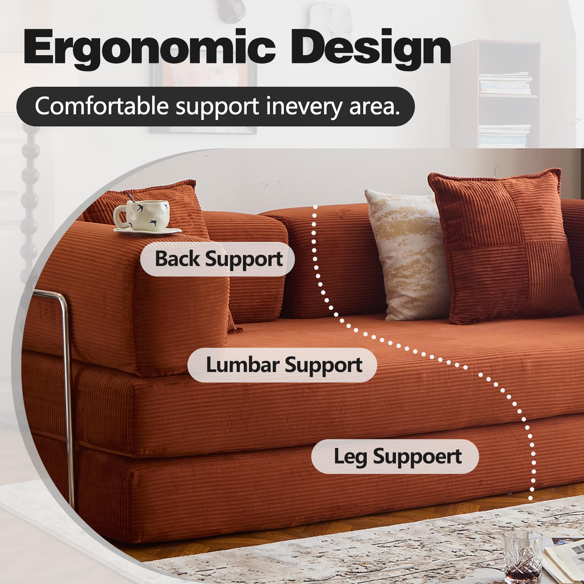 78.8" Convertible Sofa Bed - Compression Sofa with Corduroy Fabric - with Armrests and Backrest - Modular Sectional for Living Room, Bedroom, Studio - Compression Sofa in Box (Grey): 98.4IN Orange