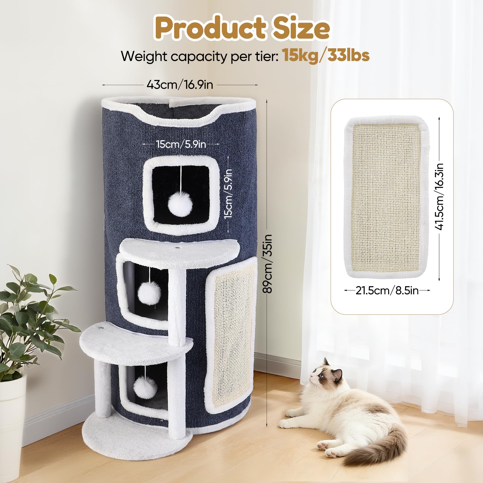 Cueva para Gatos de 4 Niveles, casa para Gatos con Tabla y Plataforma rascadora, 3 Cuevas + Plataforma de observación con 2 Plataformas de transición, Cubo para Gatos con Pelota de Juego, Estable y