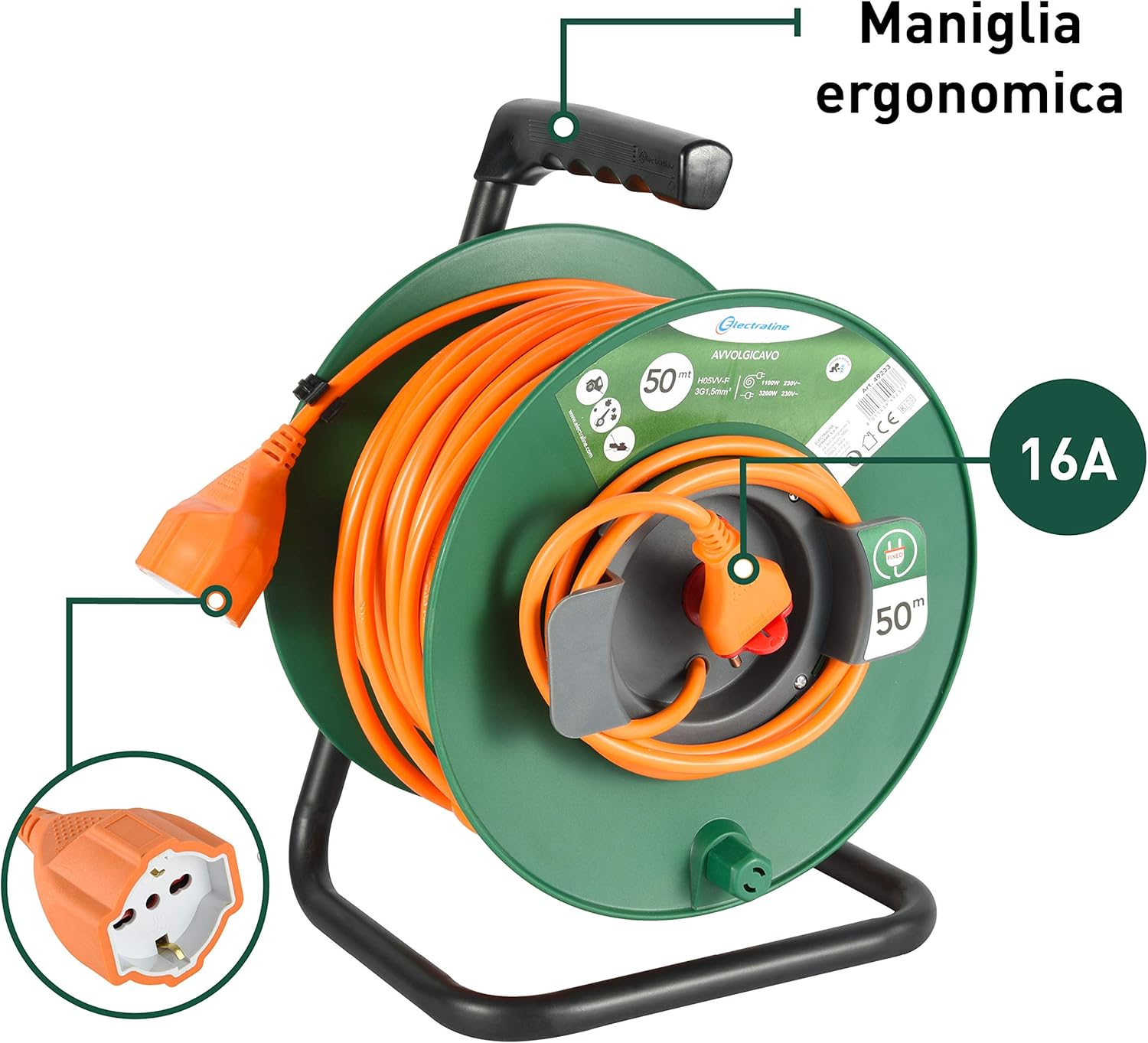 Electraline 49233 Kabeltrommel für den Garten, Länge: 50 m, Universalsteckdose, Kabelquerschnitt 3 x 15 mm, Orange/Grün