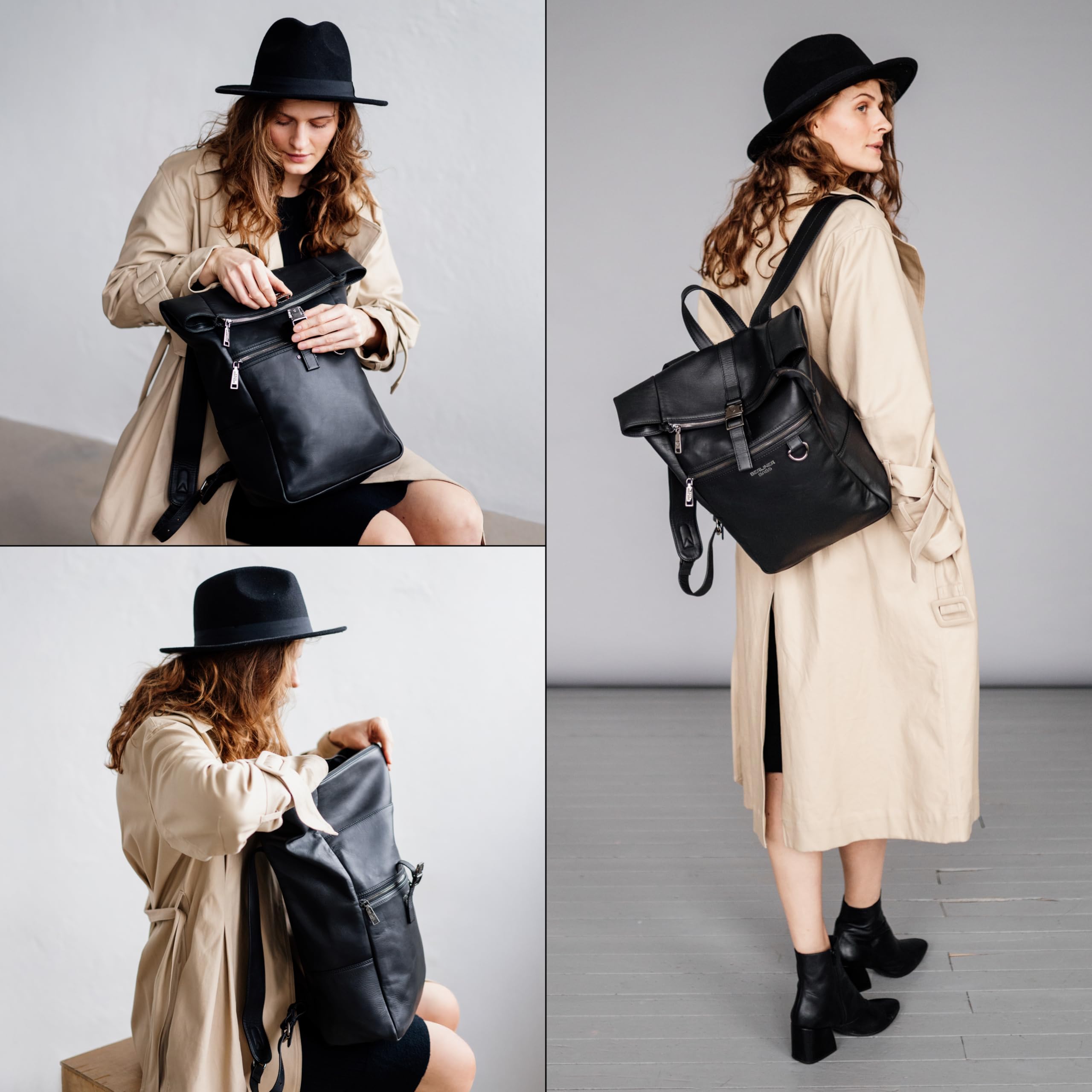 Berliner Bags Harlem Mochila de Piel Auténtica Impermeable con Diseño Rolltop y Funda para Portátil de 15”, Mochila Ejecutiva para Hombre y Mujer – Negro