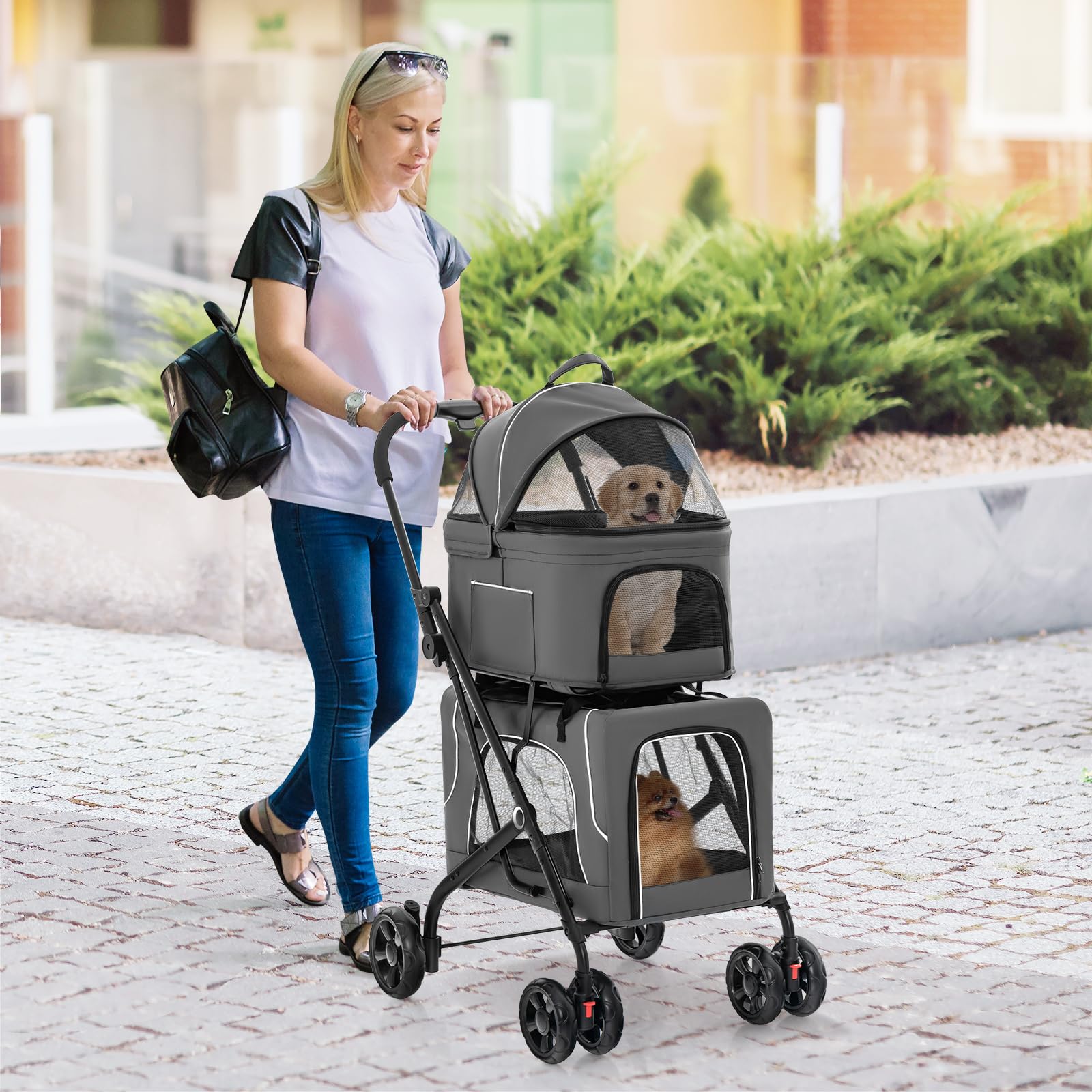 GYMAX Poussette Chien Chat 2 Couches Détachable, Transporteur et Siège Auto 3-en-1 pour Animaux de Companie, Auvent Réglable, Coussin Amovible, Poche de Rangement, Cadre en Métal Pliable (Gris)