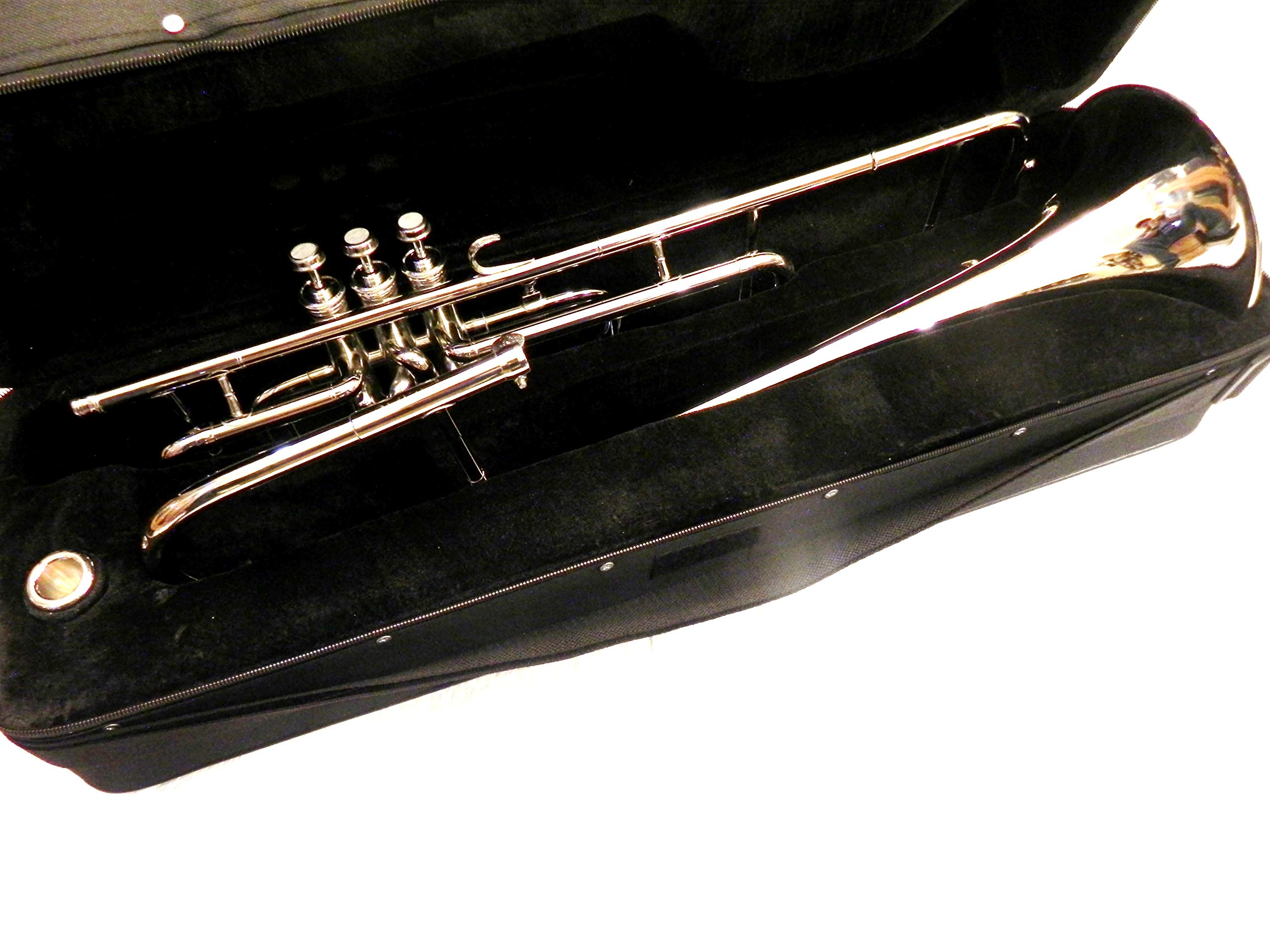 Trombón tenor Bb plateado de 3 válvulas para jugadores de trompeta cruzados con carcasa rígida de diseño