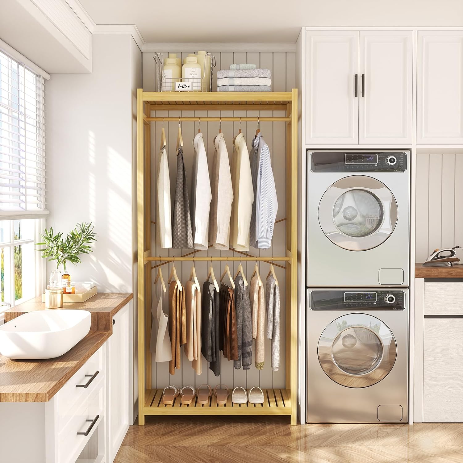 Homykic Bamboo Clothes Rack with Shelves and Double Hang Rods, Portable Closet System Garment Rack for Hanging Clothes, Tall Clothing Rack Corner Closet Organizer, Easy to Built, Natural - Image 4