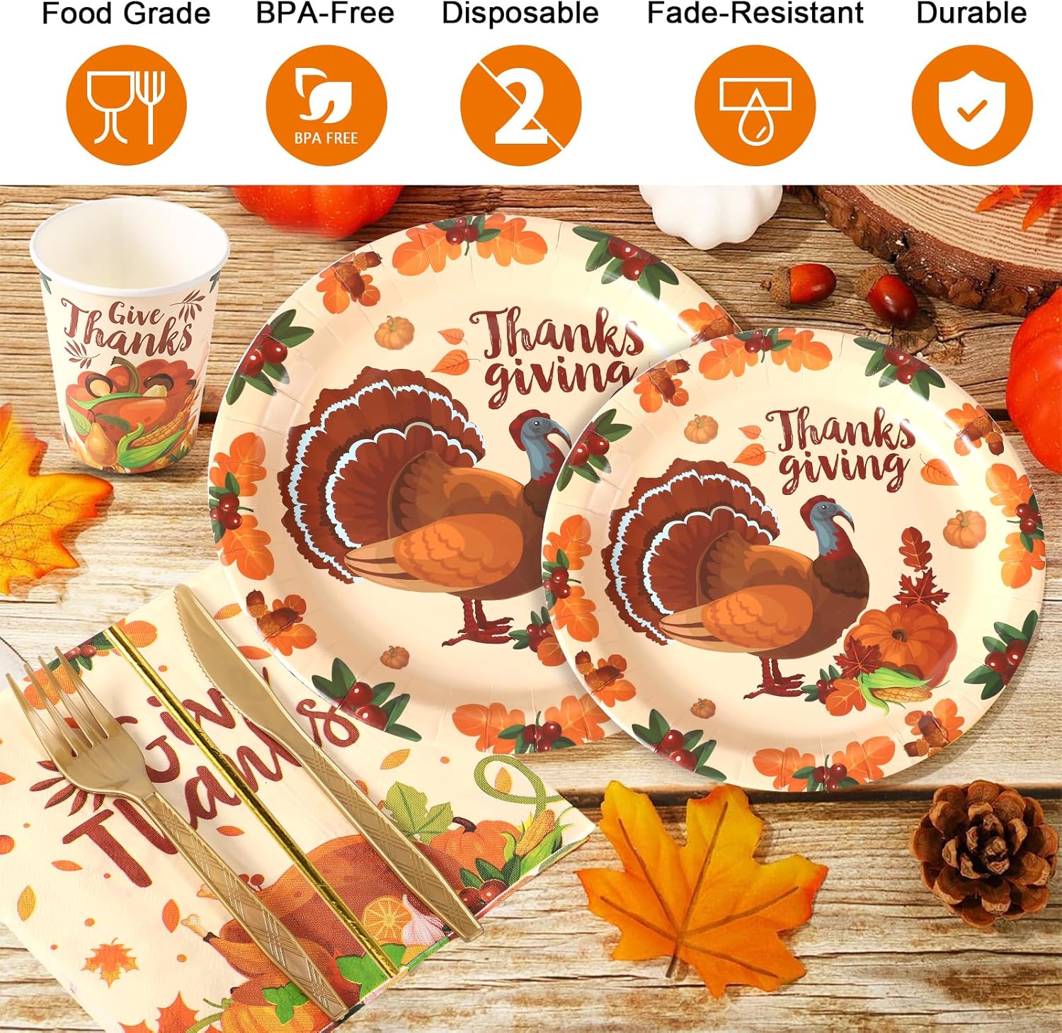 192 PCS Thanksgiving Party Supplies Disposable Plates, 24 Paper Plates,Cups,Straws,Napkins,Knives,Forks and Spoons Dinnerware Sets for 24 Guests with Safe Food Oil Printed Turkey Design