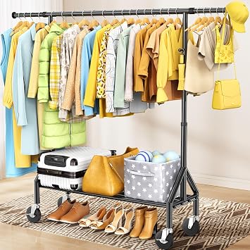 Heavy Duty Clothes Rack Load 520LBS, Adjustable Rolling Clothing Rack with Sturdy Wheel, Metal Industrial Closet Garment Racks for Hanging Clothes Coat, Portable for Bedroom, Laundry Living Room