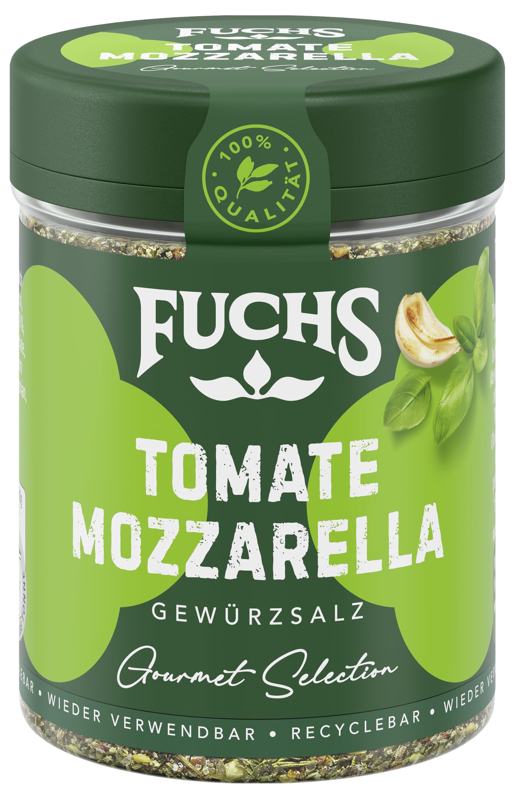 Fuchs Gourmet Selection Mediterran – Tomate Mozzarella Gewürzzubereitung, nachfüllbares Tomate Mozzarella Gewürz, Gewürzmischung mit Kräutern, für vielfältige Mozzarella-Variationen, vegan, 80 g