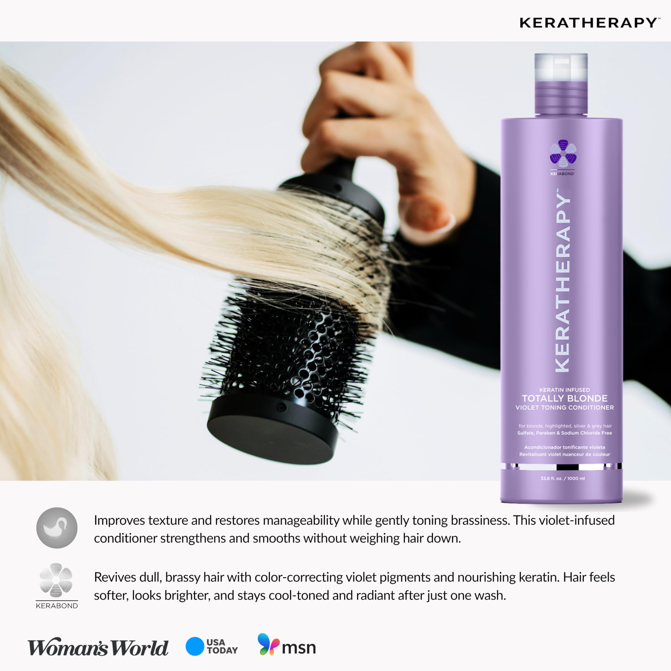 KERATHERAPY Keratin Infused Totally Blonde Violet Toning Conditioner, 33.8 fl. oz., 1000 ml - Keratin Therapy Purple Conditioner for Blonde Hair, Brassy, Silver, & Highlighted - Sulfate & Paraben Free