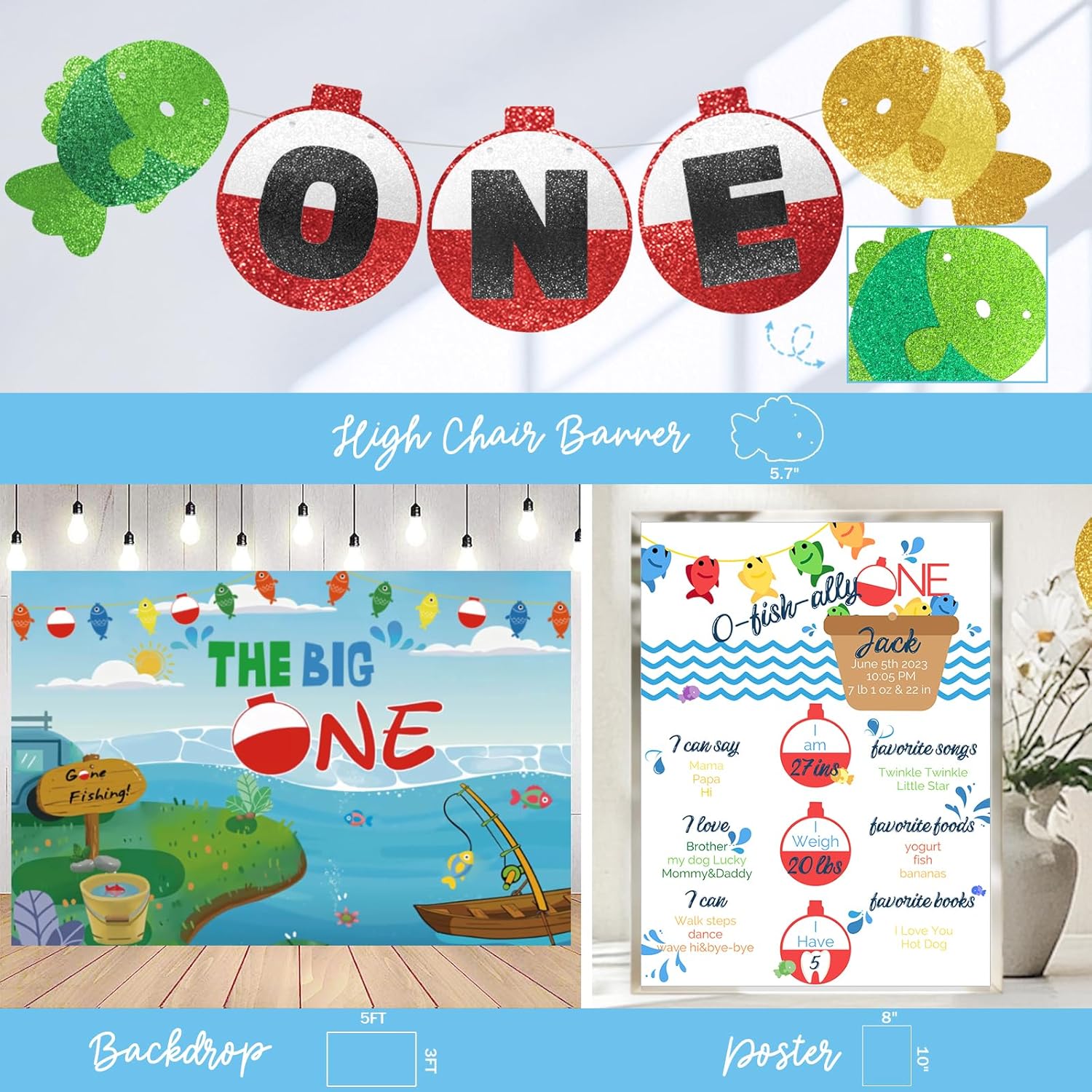 Hombae Ofishally One Birthday Decorations, Gone Fishing 1st Party Decorations Backdrop, The Big One Backdrop Balloon Photo Highchair Banner Box Cutout Crown Poster for First Birthday Party Supplies