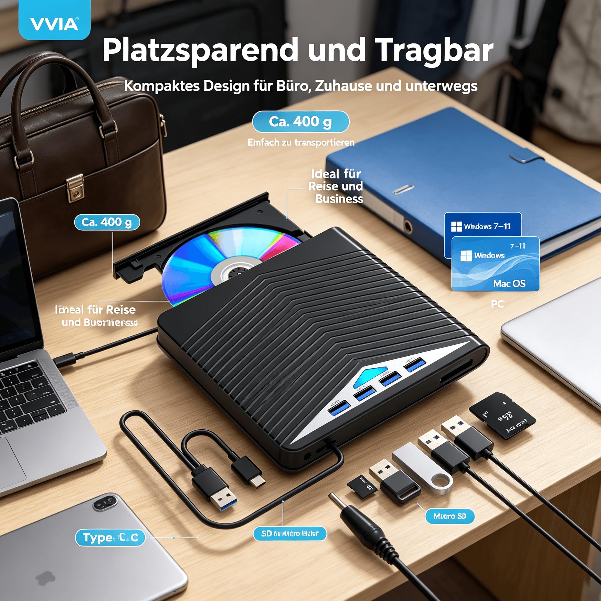 vvia Zewnętrzny napęd Blu-ray USB 3.0 i typ C do systemu Windows/Mac