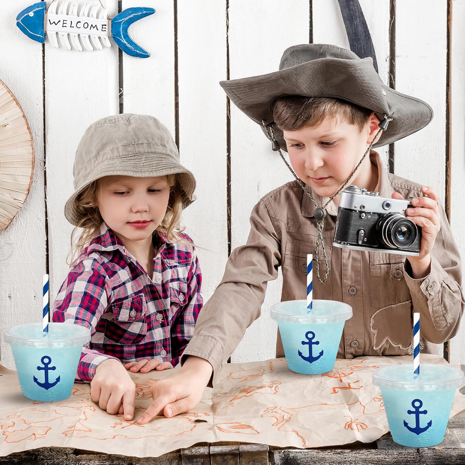 Whaline 100Pcs 9Oz Nautical Disposable Plastic Cups with Lids and Straws Blue Anchor Cold Beverage Drinking Cups for Iced Coffee Smooth Juice Tea Milkshake