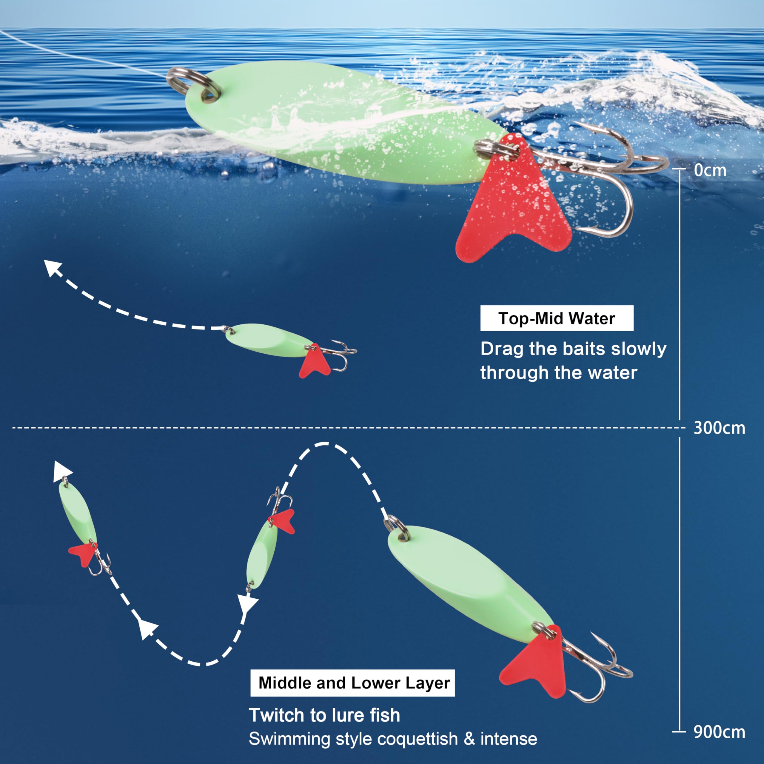 OROOTL Cuillère de pêche en métal lumineux, 10 pièces/8 pièces leurres de pêche en métal avec hameçons triples et pièce en plastique rouge, cuillère en métal dur appâts de pêche, 50g-10pcs
