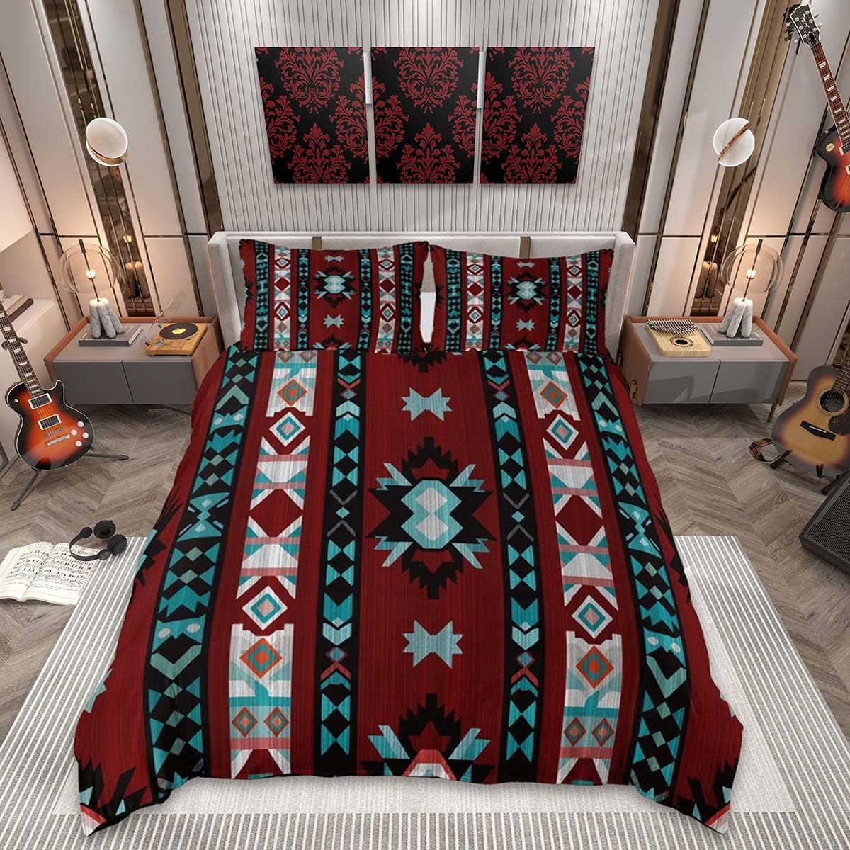 Homemissing Red Southwest Duvet Cover Set Single Size for Kids Boys Girls Geometric Tribal Exotic Style Bedding Set Native American Indian Design Duvet Cover with 1 Pillowcase Bohemian Bed Sets โ image 1
