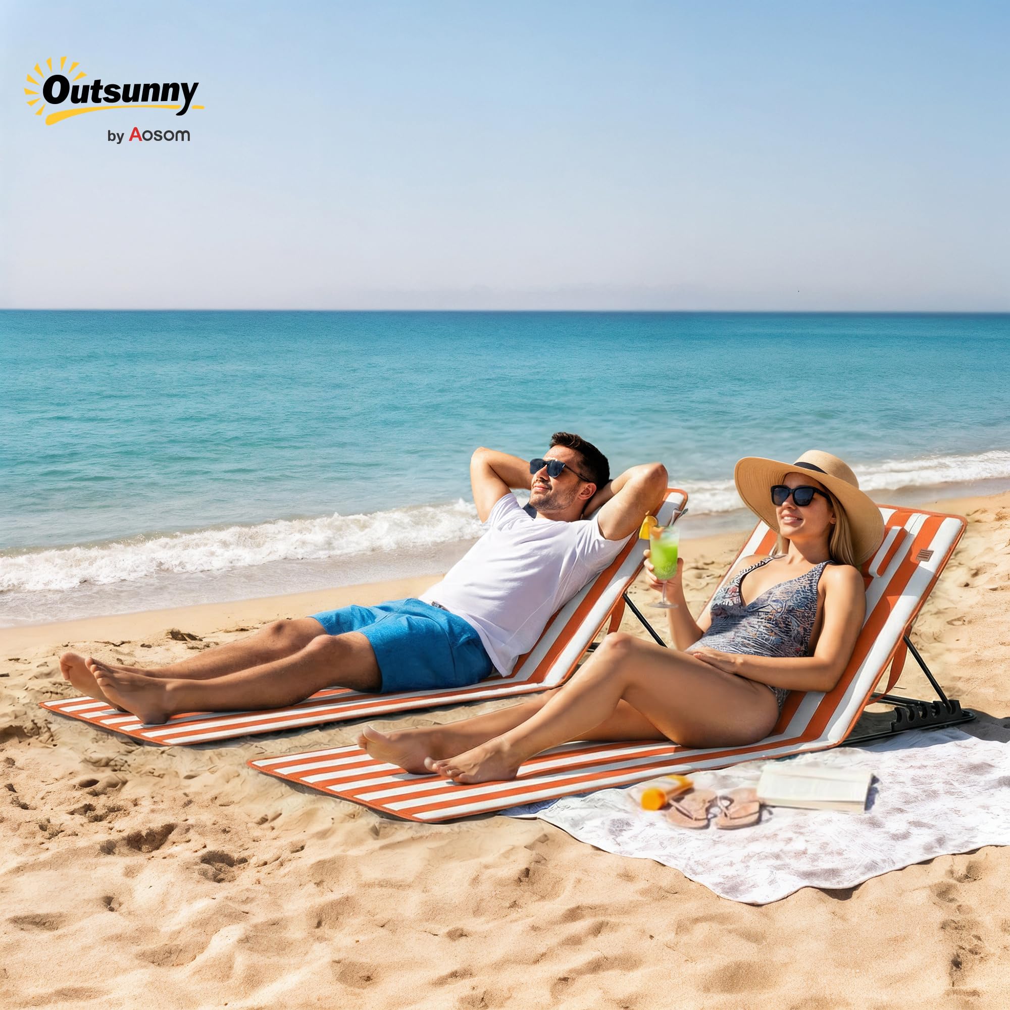 Outsunny Set 2 Lettini da Spiaggia con Schienale Regolabile su 4 Livelli, Lettini da Spiaggia Pieghevoli con Poggiatesta, Tasca Laterale, Lettino Prendisole per Mare Piscina, Arancione e Bianco