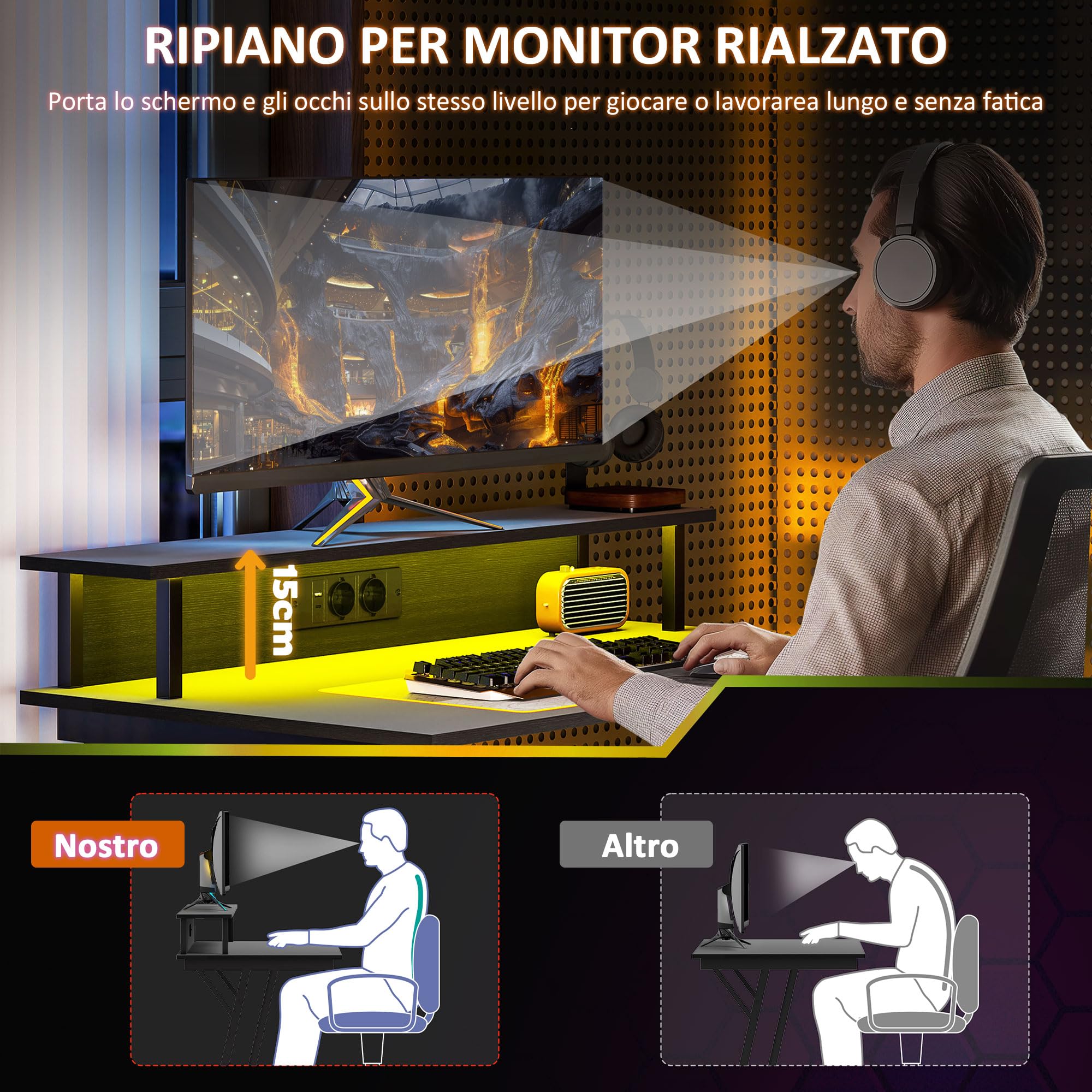 HOMCOM Scrivania Gaming con Luci LED e Supporto per Monitor, 100x60 cm Tavolo Gaming per Computer da 32 Pollici, Scrivania PC con USB, TYPE C e Telecomando per Ufficio, Studio e Casa, Nero