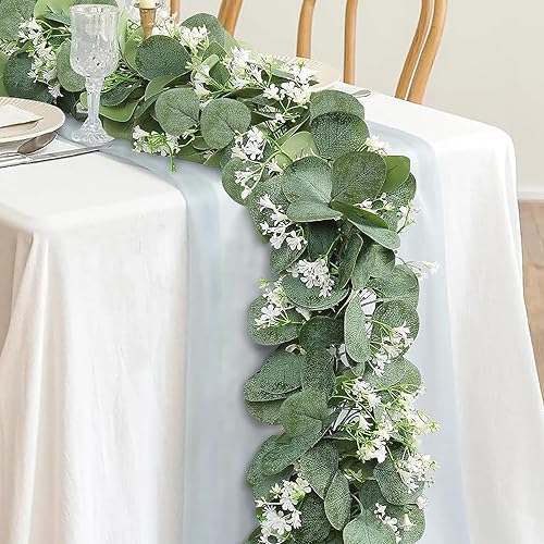 Miniatura 2 de KHOYIME Guirnalda de eucalipto con flores blancas, 2 paquetes de hojas de eucalipto artificiales plateadas de 5.9 pies, vegetación falsa,
