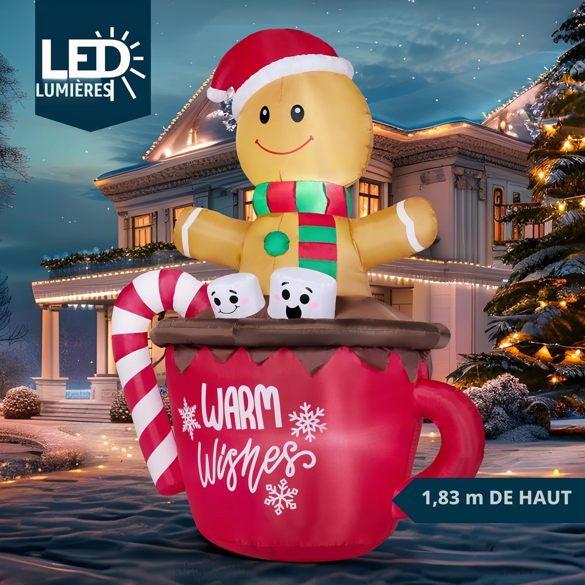 JOIEDOMI Bonhomme en Pain d'épices Gonflable de 1,8 m de Haut dans Une Tasse de Cacao Chaud avec LED intégrées, décoration de Cour Gonflable en Pain d'épices pour fête de Noël, décoration de Jardin