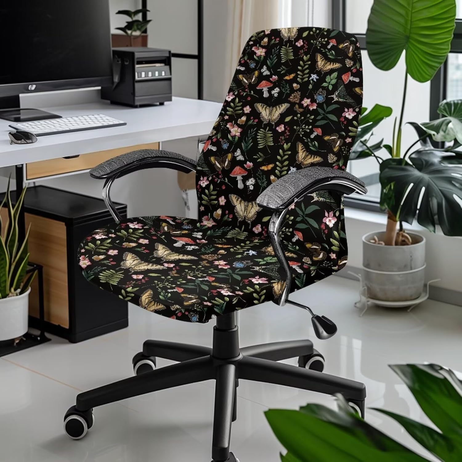 Talayituse Butterfly Mushroom Flower Print Office Chair Cover Jacquard Armrest Swivel Chair Slipcovers Removable Stretch Universal Computer Chair Cover, L