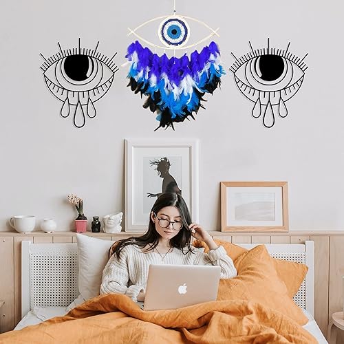 Miniatura 5 de Holmgren Atrapasueños malvados  Decoración azul de ojo turco para dormitorio, arte de pared de mal de ojo para decoración de habitación del hogar,