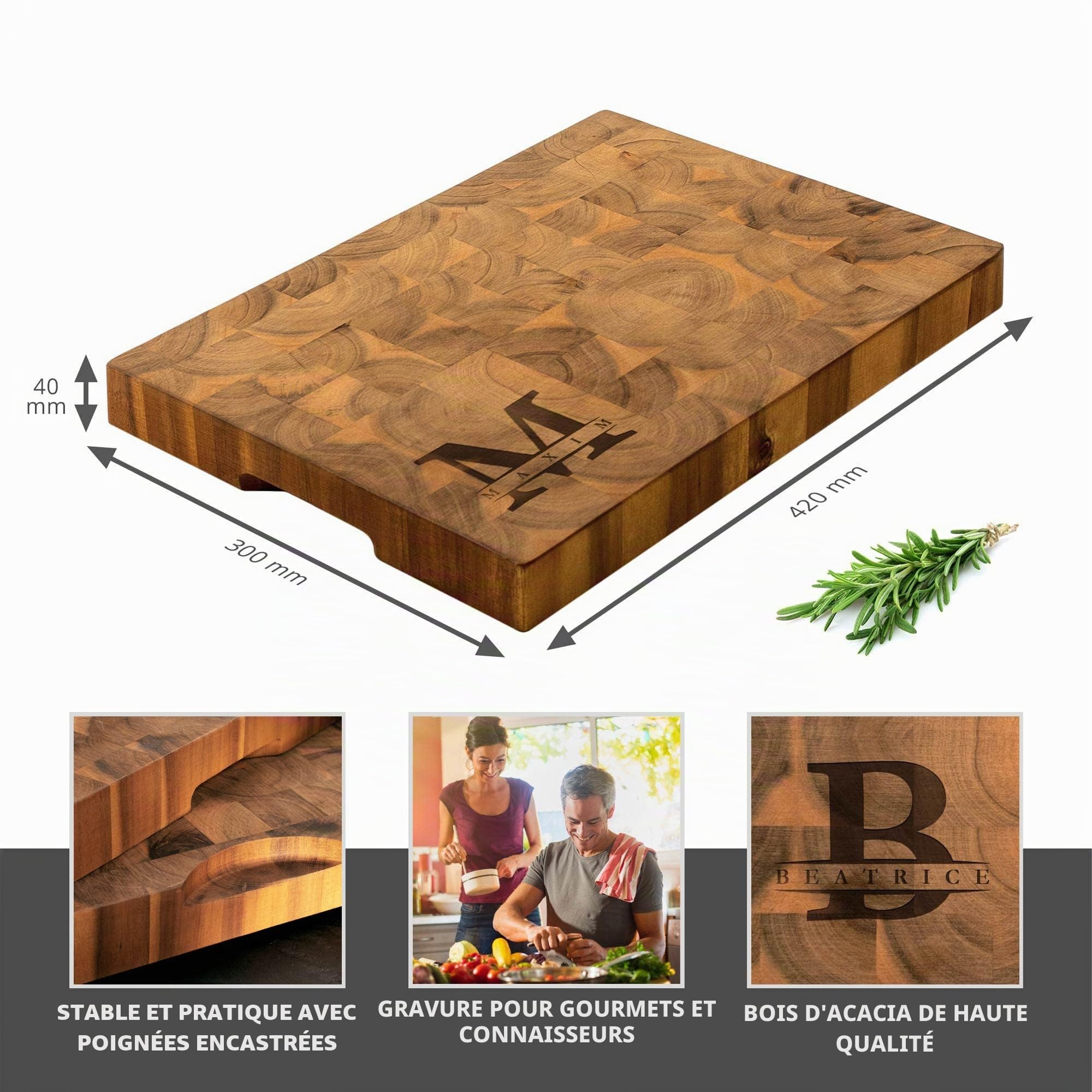 Casa Vivente Planche Épaisse Professionnelle en Bois d'Acacia Mosaïque avec Gravure Personnalisée, Initiale et Prénom, 42 x 30 x 4 cm