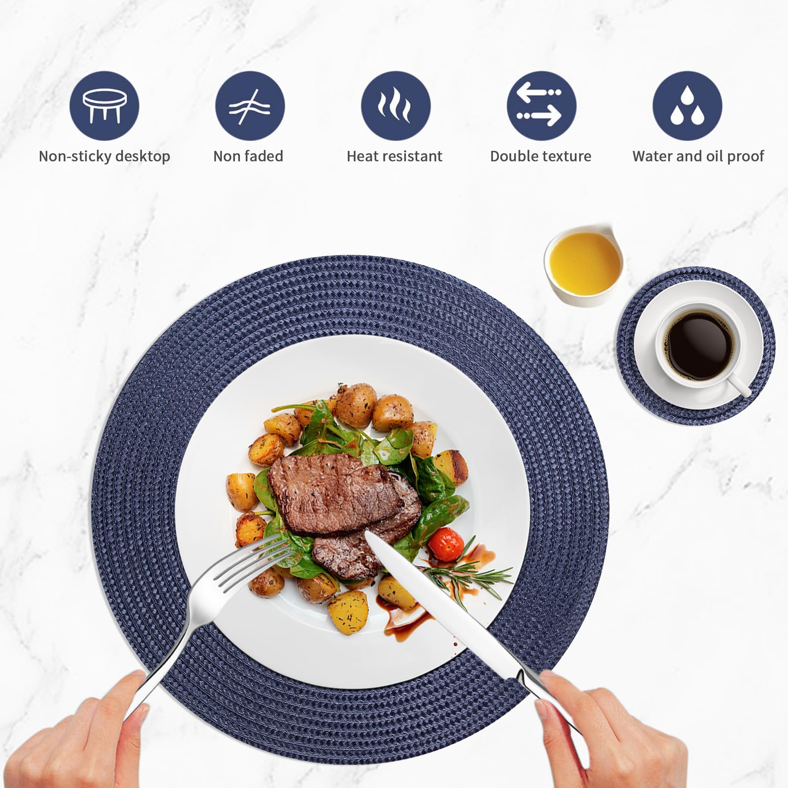 HPMAISON Blue Round Placemats and Coasters Set of 6 - Image 3