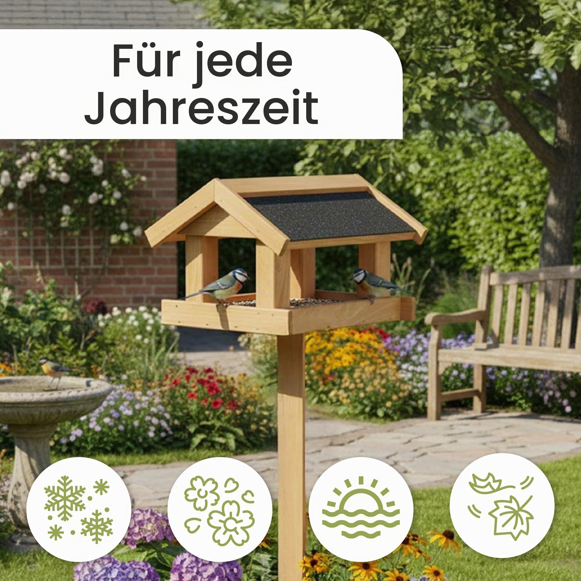PATKAR Vogelhaus Futterhaus für Vögel mit Ständer aus Kieferholz - Vogelfutterstation Vogelfutterhaus für Singvögel Wildvögel Vogel Futterstation + 500g Futter Gratis