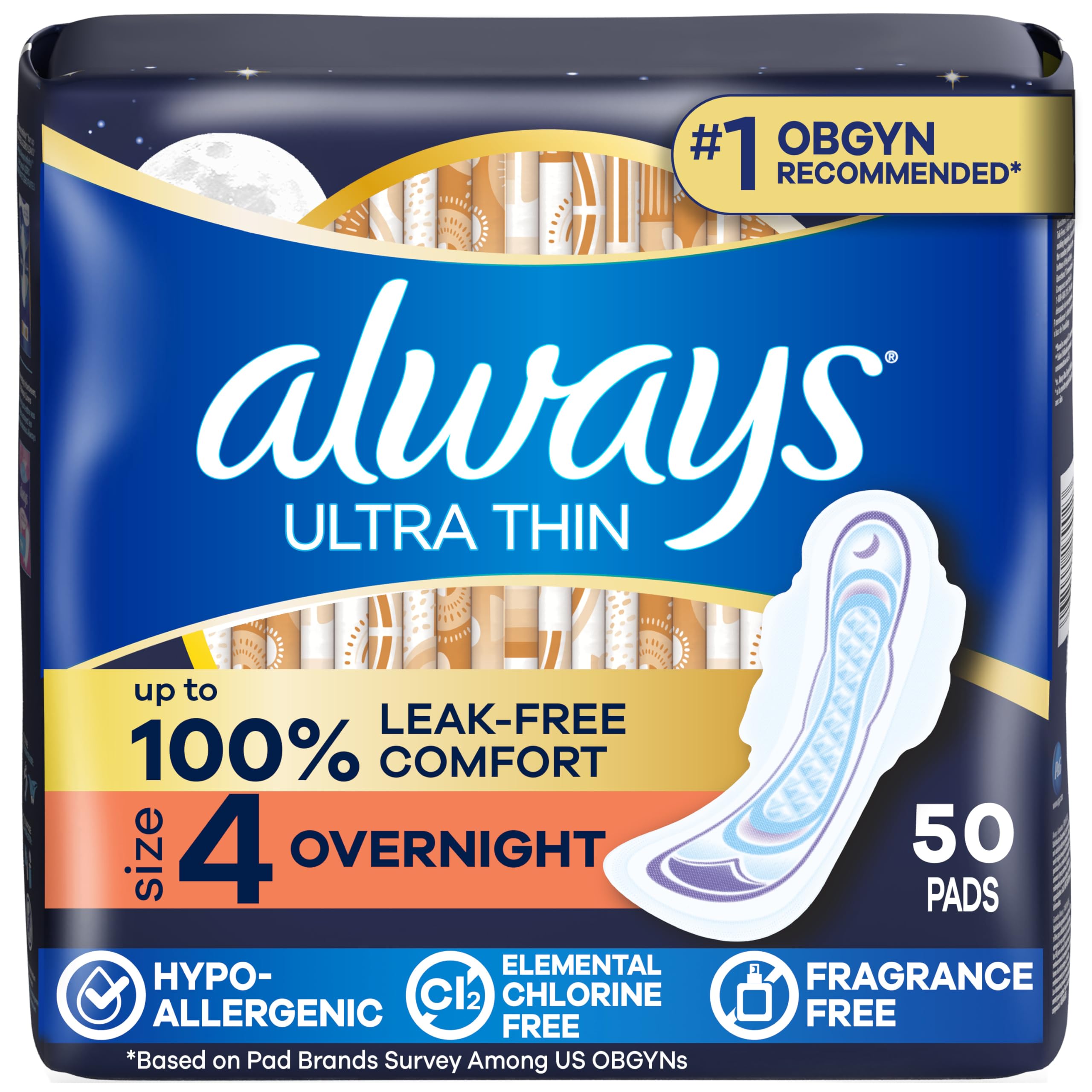 Always Ultra Thin Feminine Pads with Wings for Women, Size 4, Overnight Absorbency, Unscented, Up to 100% Leak-Free Comfort, 50 Count