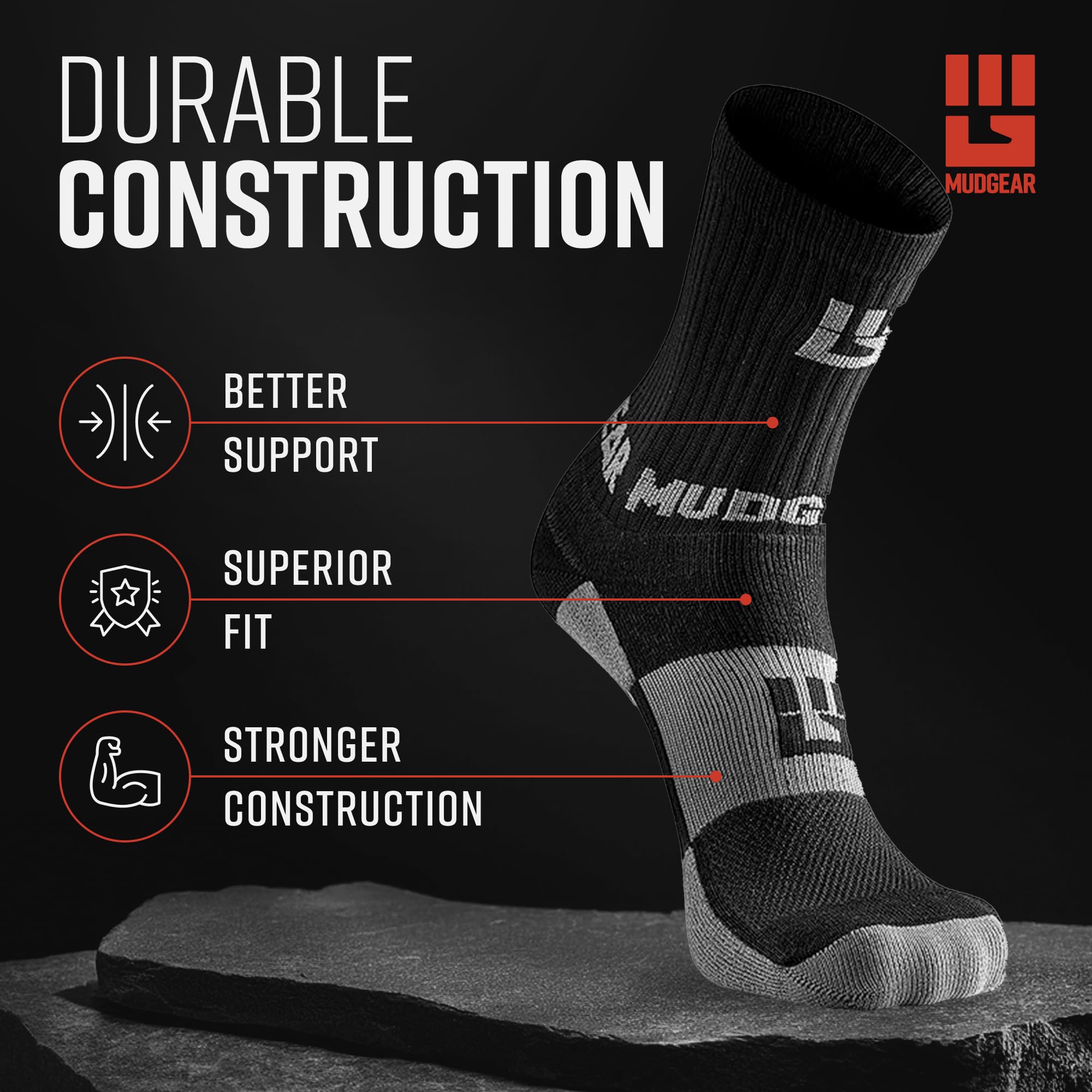 MudGear Hiking Crew Socks, Breathable High-Performance Mid-Calf Trekking Socks with Arch and Ankle Support, Sweat-Resistant and Blister-Resistant for Men and Women, 2-Pack, Black, Large