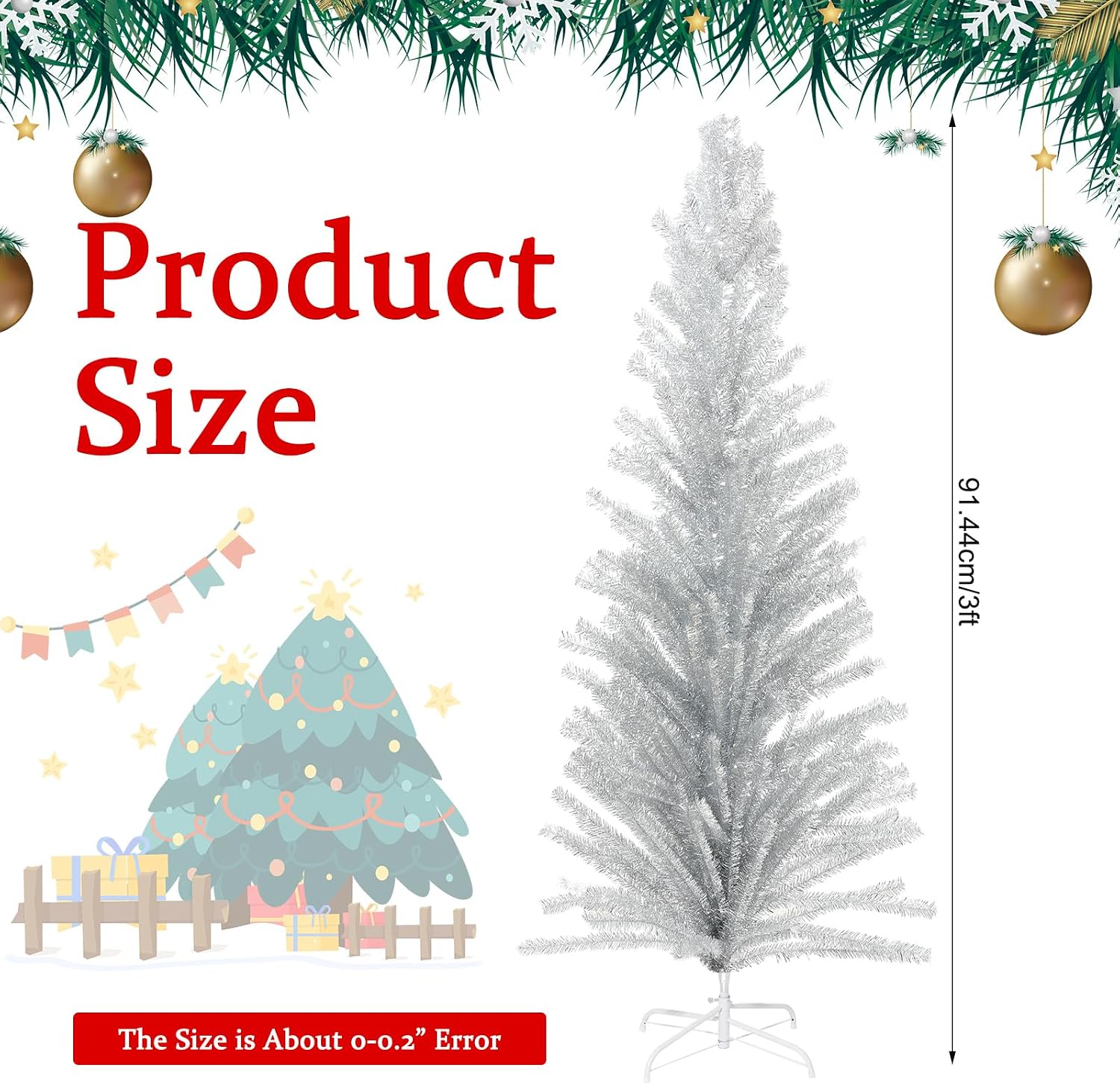 RoundFunny Mid Century Modern Aluminum Christmas Tree Artificial Retro Silver Xmas Tree Fake Tinsel Christmas Trees for Home Office Xmas Party Decor (3 ft)