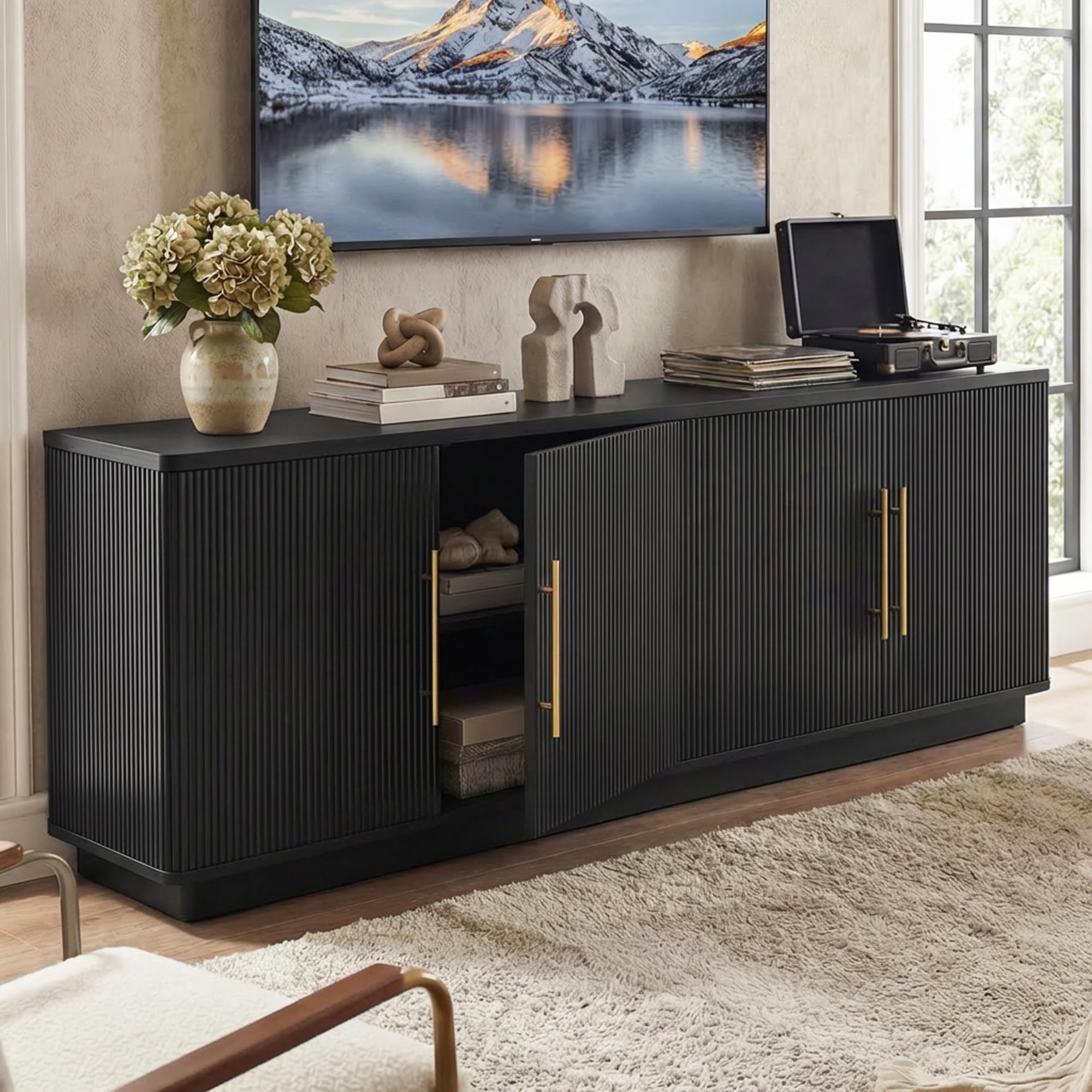 Photo 1 of *FOR PARTS ONLY* *NON-FUNCTIONAL* Stand for TVs up to 80 Inches, Media Console with 4 Fluted Doors, 70" Entertainment Center with Ample Storage for Living Room(Black Oak)