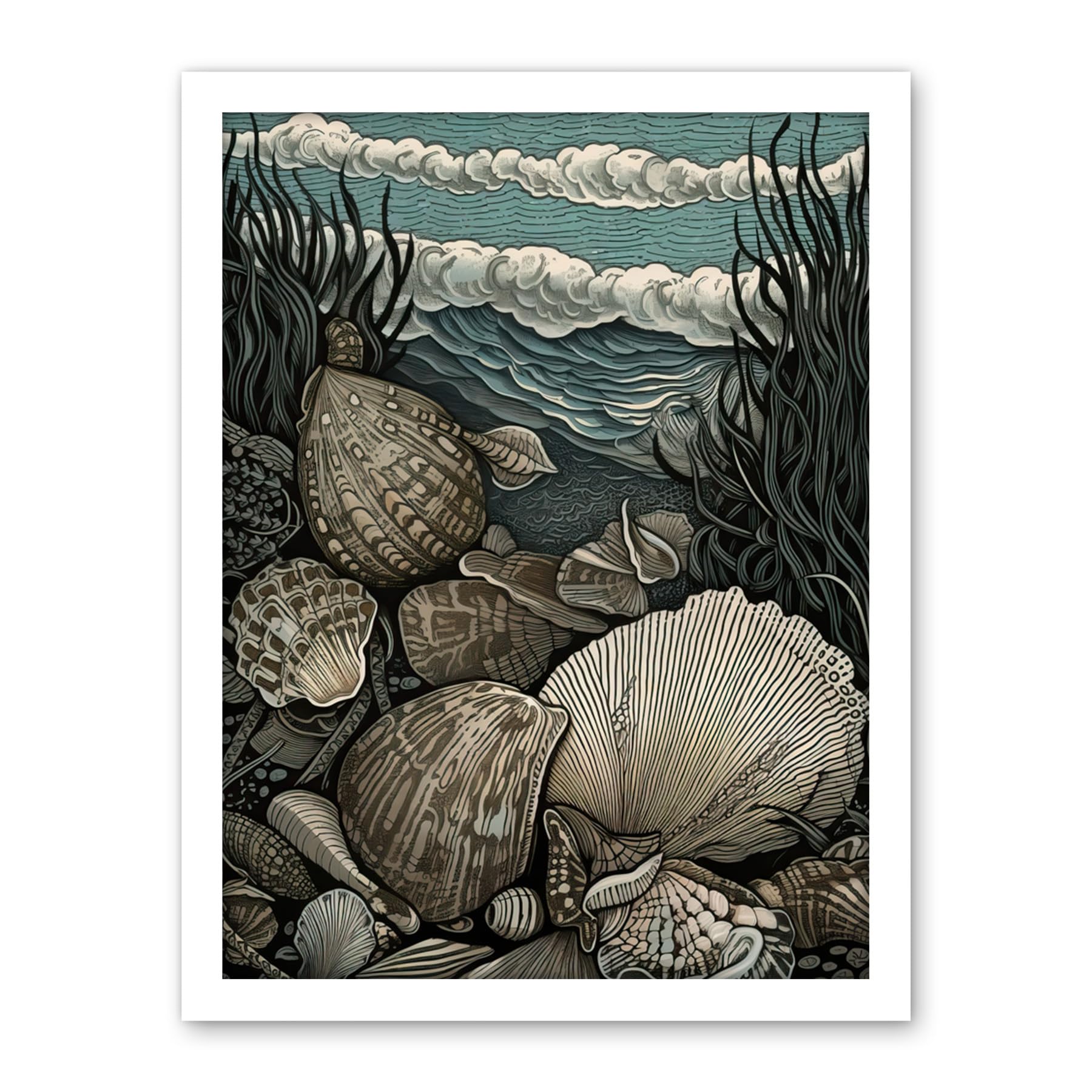 Artery8 Seashells by the Shore Modern Coastal Illustration Artwork Framed Wall Art Print 18X24 Inch