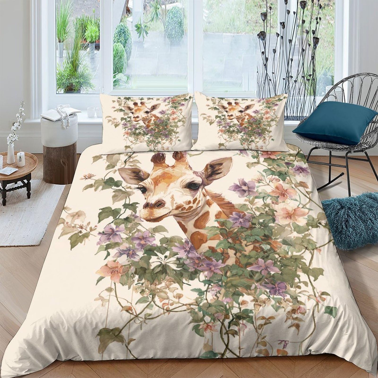 Ctjqhvkz Style-2 3D Printed Giraffe Flower Fitted Sheet Microfiber Soft Breathable Botanical Bed Cover For Bedroom Guest Room Decor Single（135X200cm）