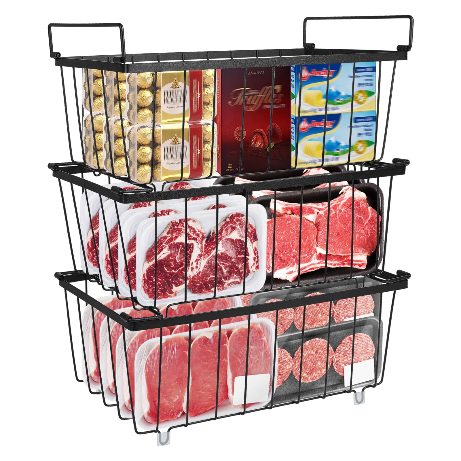 Lot de 3 paniers empilables avec poignées, 37 x 18 x 14,5 cm, fil d'acier 20 % stable, air circulant et gain de place pour congélateur de coffre de 215 l