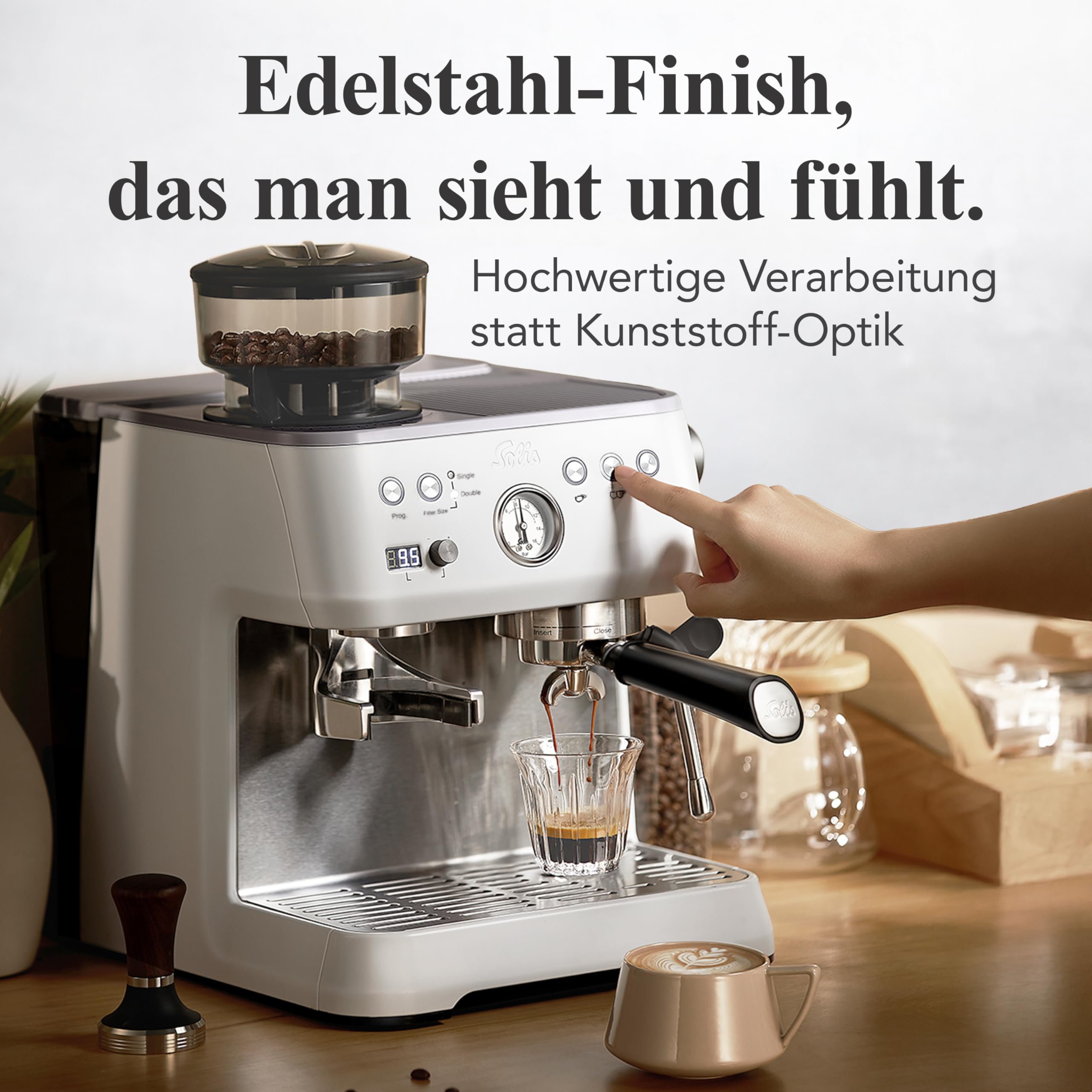 Solis Grind & Infuse Perfetta 1019 Siebträgermaschine - Kaffeemaschine mit Mahlwerk - Integrierte Zero Static Kaffeemühle - Espressomaschine mit Dampf- und Heißwasserfunktion - Edelstahl