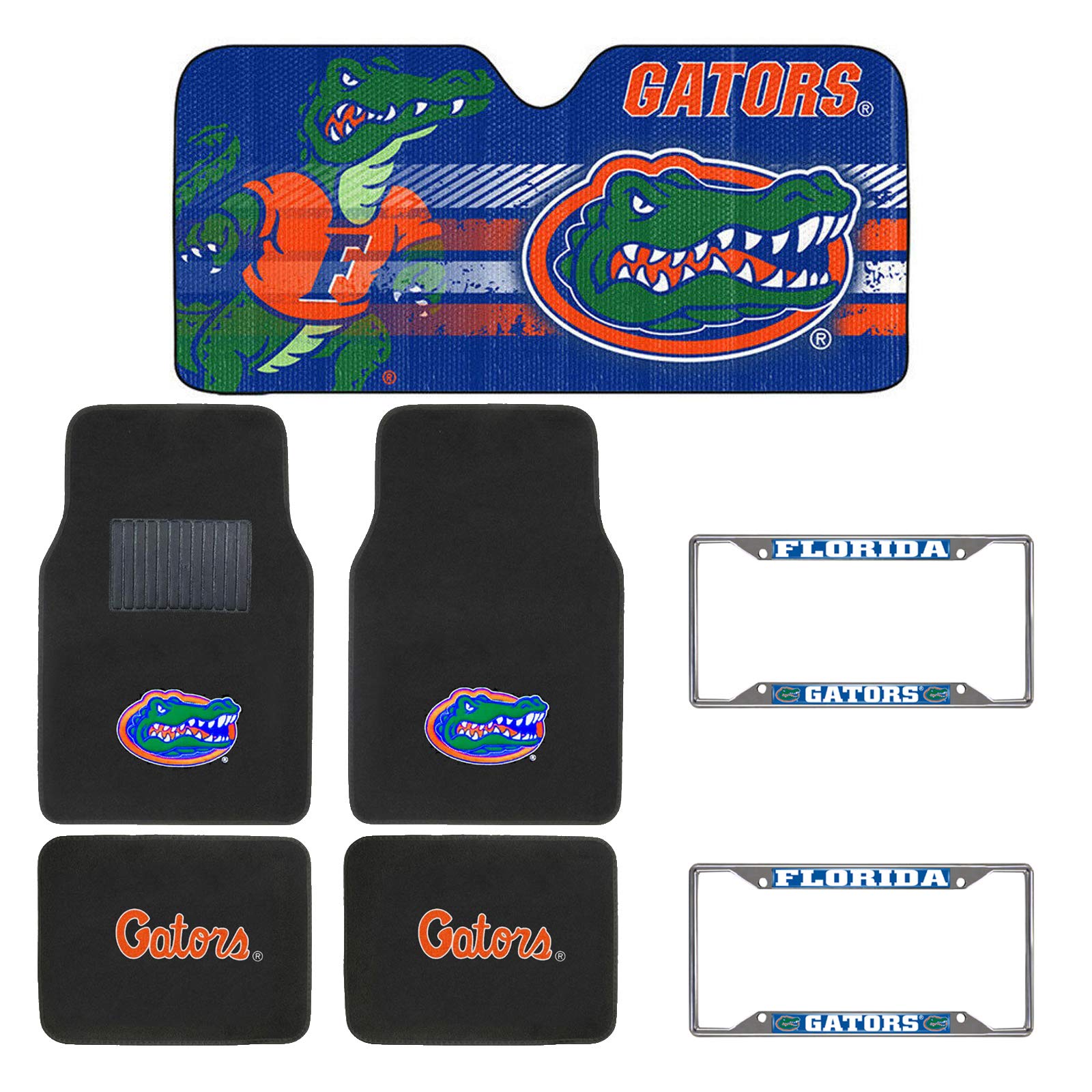 AAC FANMATS NCAA Mascot Carpet Floor Mats Bundle with License Plates and Sunshade for Florida Gators Fans Officially Licensed(7 Items)