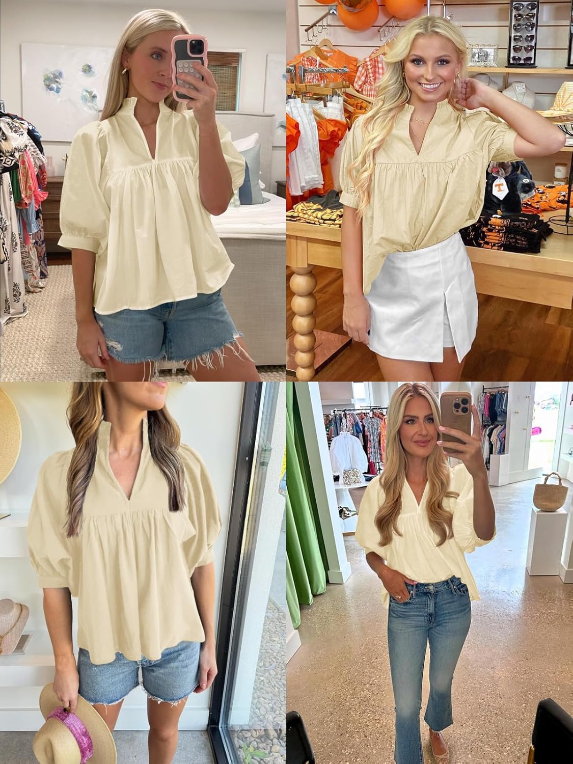 Cicy Bell Womens Puff Sleeve V Neck Blouse Babydoll Peplum Tops Dressy Casual Pleated Loose Fit Shirts - Image 6