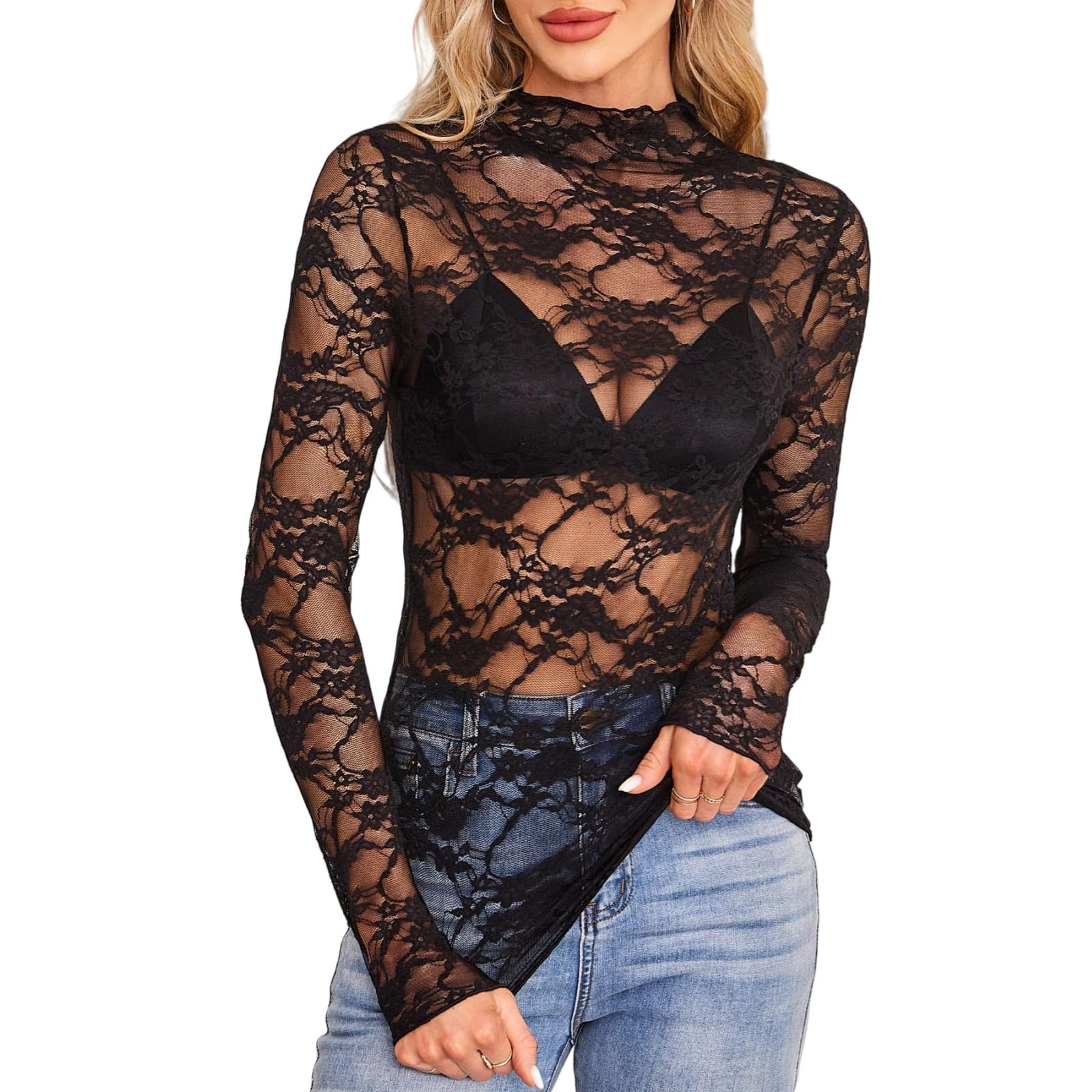 Hybursky Women's Black Sheer Lace Floral Mesh Top Sexy See Through Mock Neck Long Sleeve Mesh T-Shirt Embroidered Flower Basic Shirt Casual Lady Slim Fit Blouse Tunic Top For Clubwear Streetwear (-M)