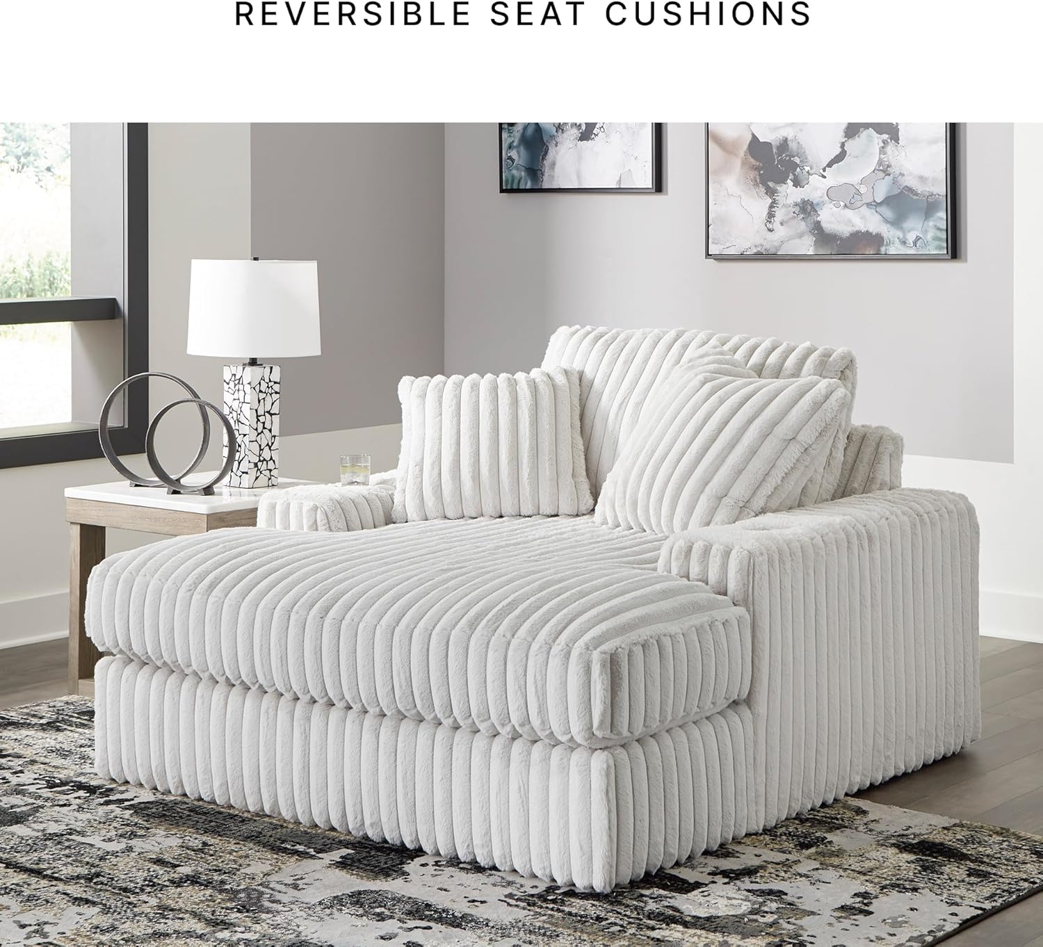 Signature Design by Ashley Stupendous Contemporary Upholstered Oversized Chaise with Cup Holders, USB Ports and 2 Toss Pillows, White