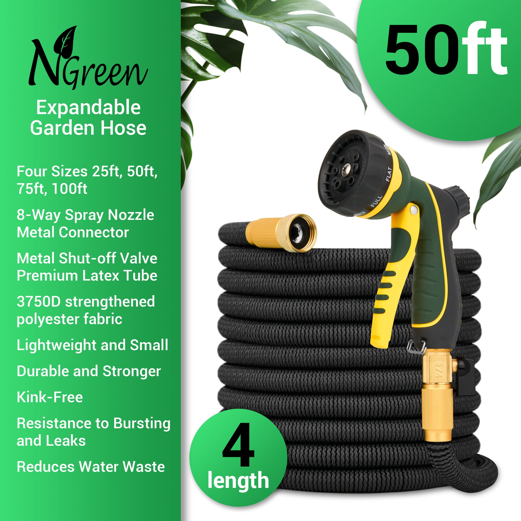 NGreen Expandable and Flexible Garden Hose 50FT - Strength Durable Fabric and Latex Inner Tube, Lightweight Easy Storage Kink Free Water Hose, Leakproof Solid Brass Fittings with Nozzle (Black) - 3