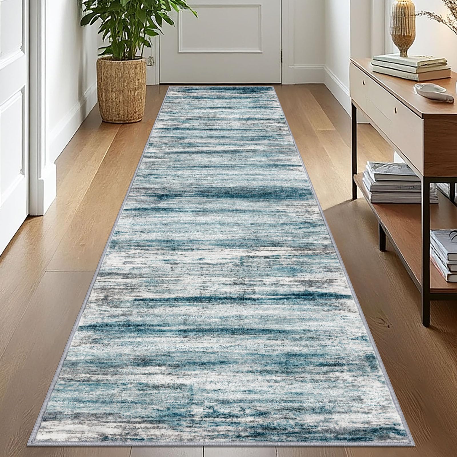 KOZYFLY Modern Abstract Hallway Runner Rug, 2.6x10 Washable Rug Runner Non-Slip Soft Striped Kitchen Runner Rugs, Print Blue Carpet Runner for Entryway Bathroom Laundry Room Foyer — image 1