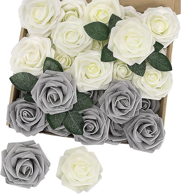 LUOWAN Artificial Flowers Roses, 25pcs Real Touch Foam Roses with Stems for Wedding Bridal Bouquets, DIY Flowers Arrangement, Party, Baby Shower, Table Centerpieces Home Decoration (Mixed-Color-F)