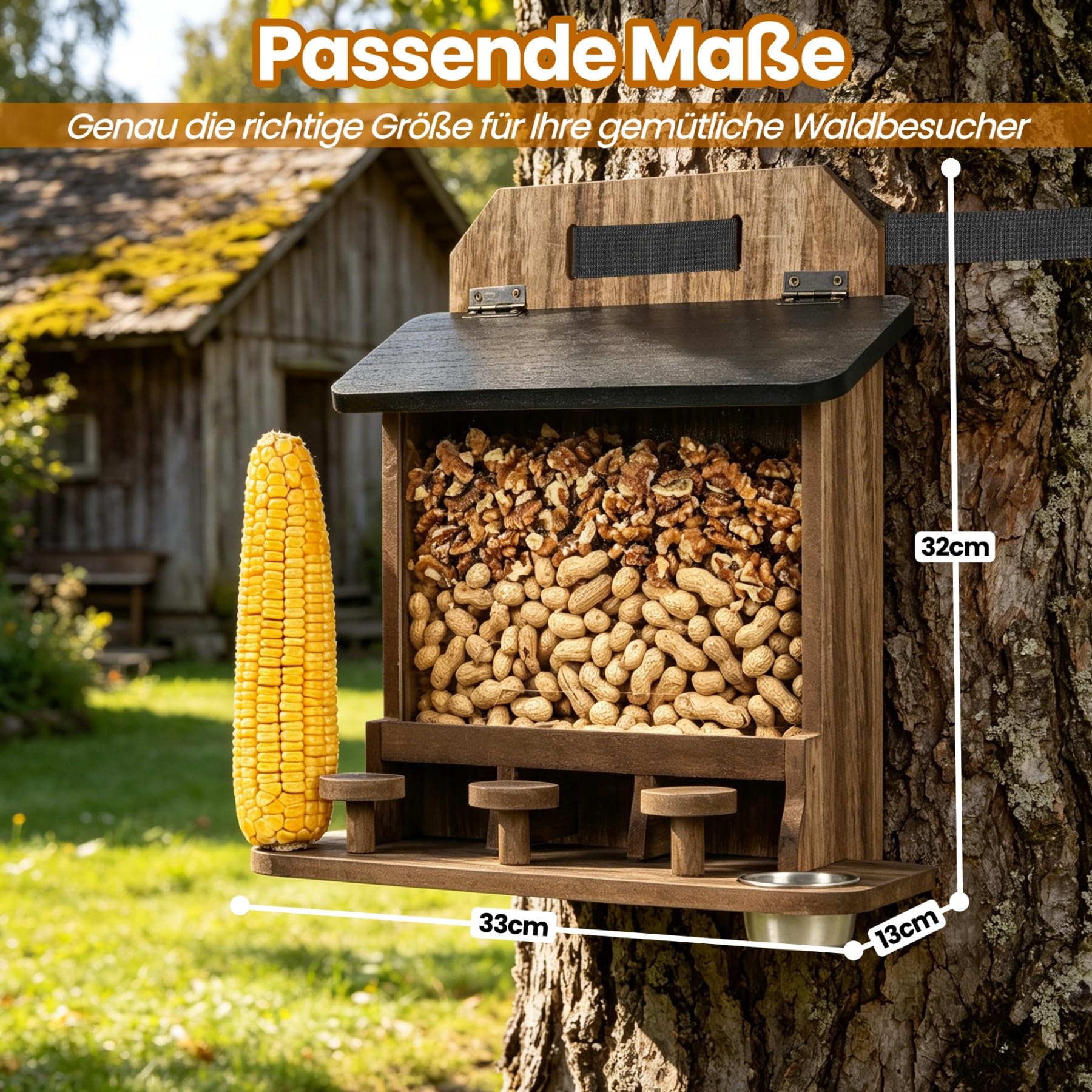 Grande mangiatoia per scoiattoli, in legno, resistente alle intemperie, per esterni | Casetta per scoiattoli da appendere, mangiatoia con tavolo da picnic, serbatoio e supporto per pannocchie di mais